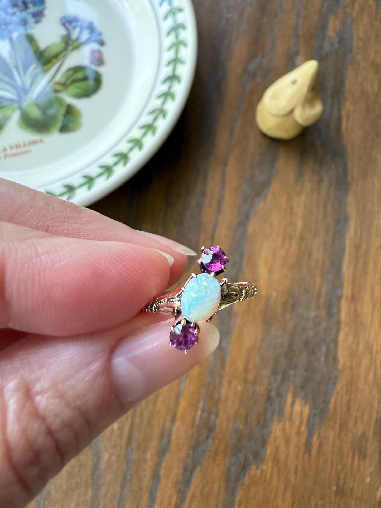 Blue Opal Angled Purple Rhodolite Garnet Antique Three Stone Ring Victorian Ring Ornate Stacker 10k Gold Linear Band Color Romantic Gift