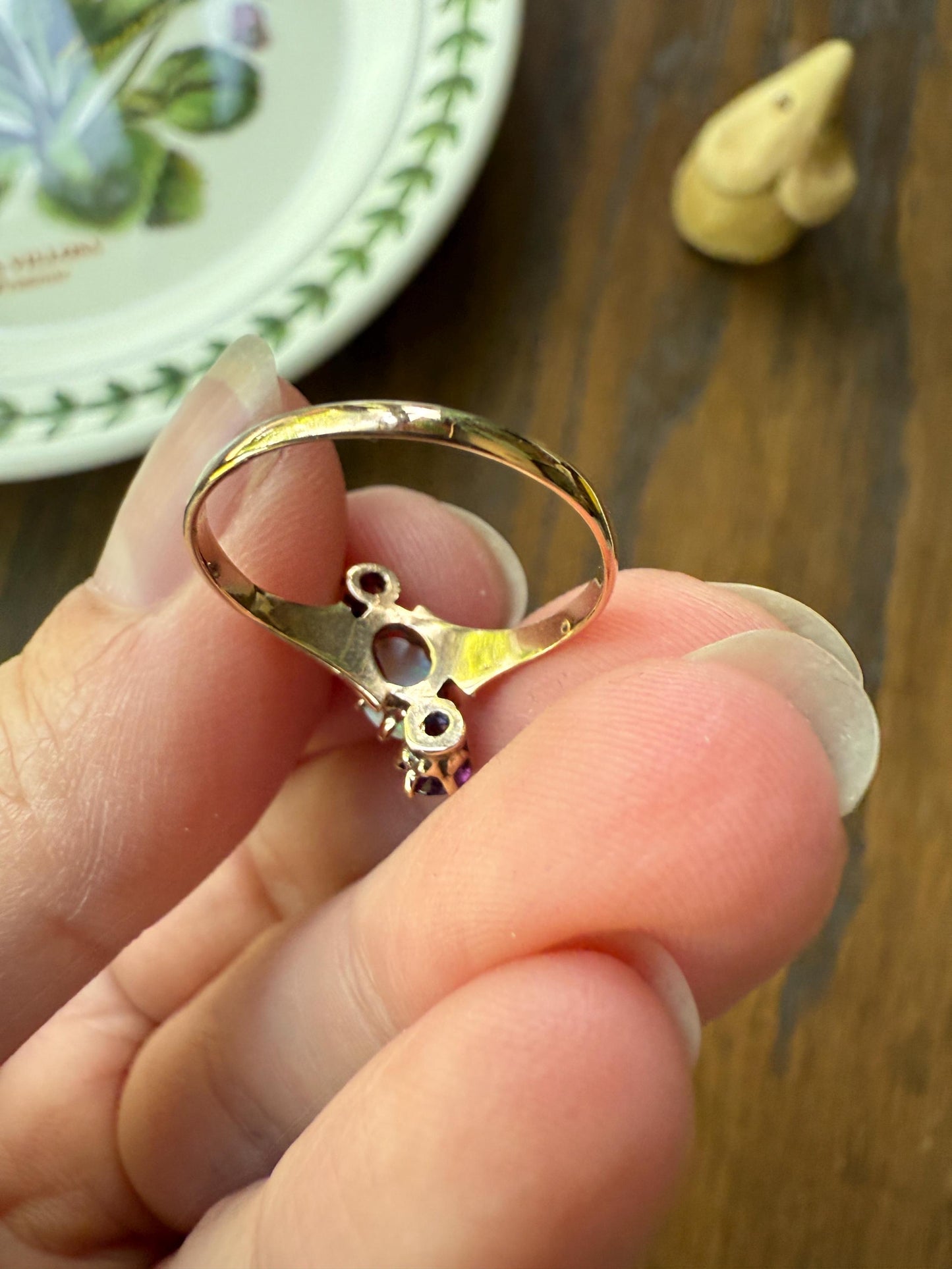 Blue Opal Angled Purple Rhodolite Garnet Antique Three Stone Ring Victorian Ring Ornate Stacker 10k Gold Linear Band Color Romantic Gift