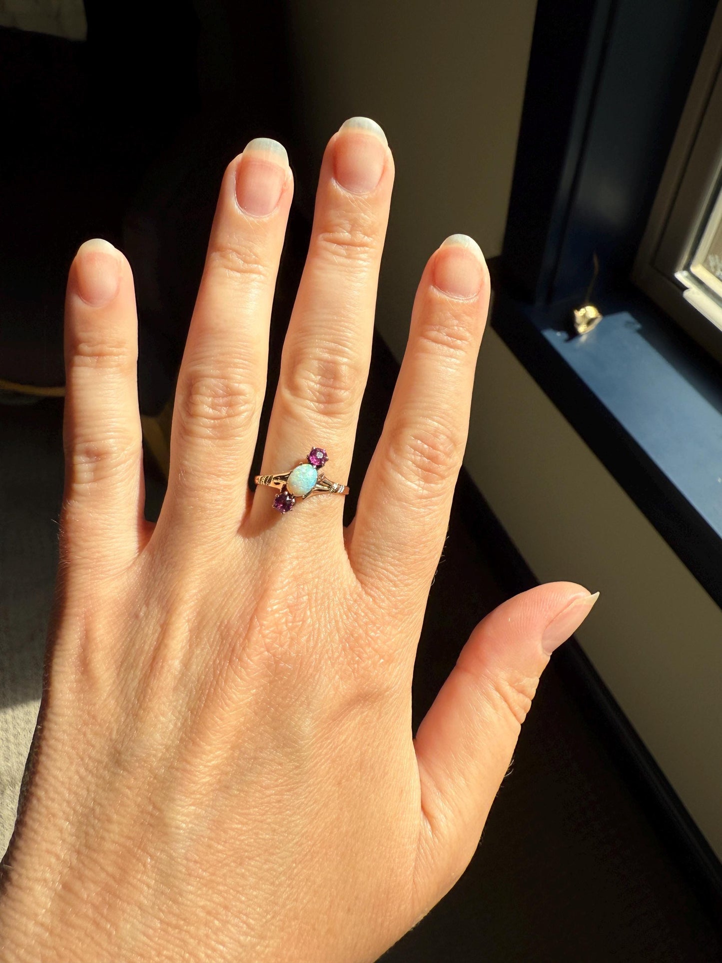 Blue Opal Angled Purple Rhodolite Garnet Antique Three Stone Ring Victorian Ring Ornate Stacker 10k Gold Linear Band Color Romantic Gift