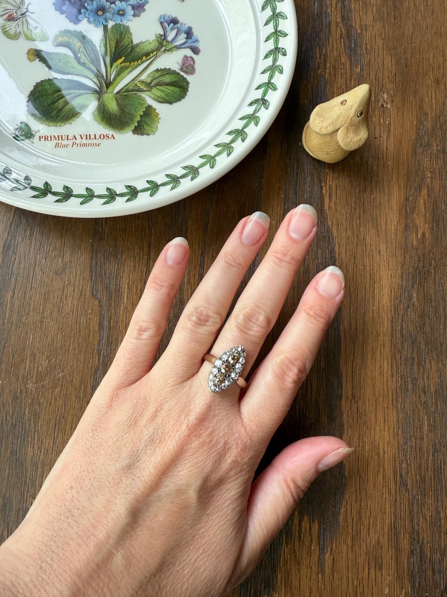 Uncommon 2.25 Carat Fancy Brown & White Halo Old Mine Cut Diamond Navette Ring Oval Victorian Antique 18k Gold Silver Chocolate Champagne