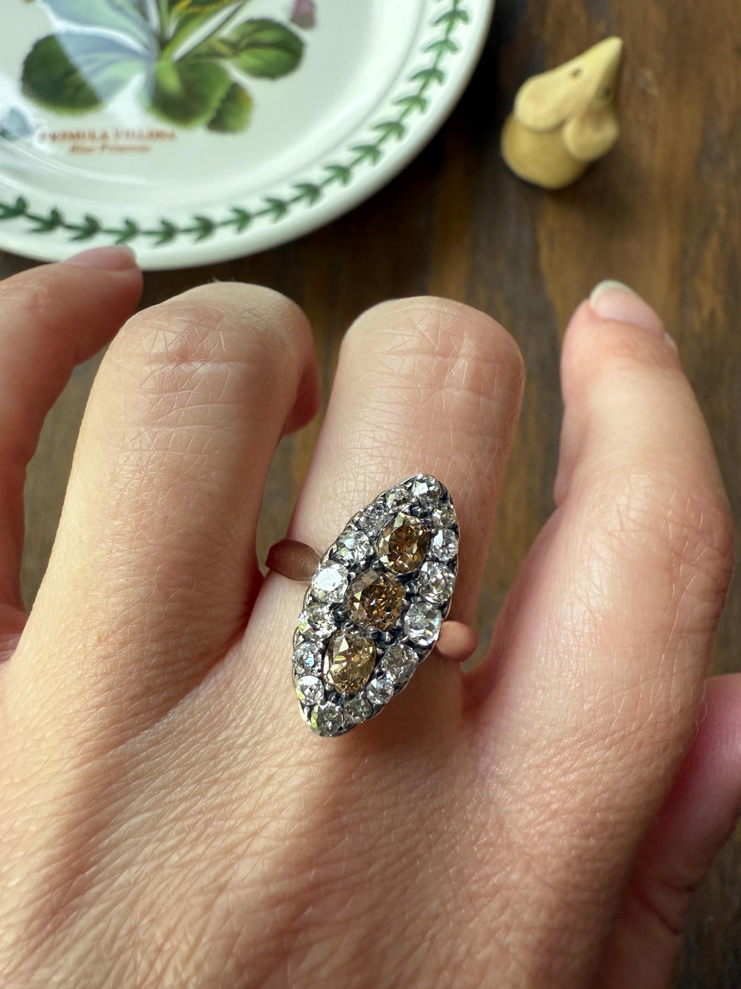 Uncommon 2.25 Carat Fancy Brown & White Halo Old Mine Cut Diamond Navette Ring Oval Victorian Antique 18k Gold Silver Chocolate Champagne