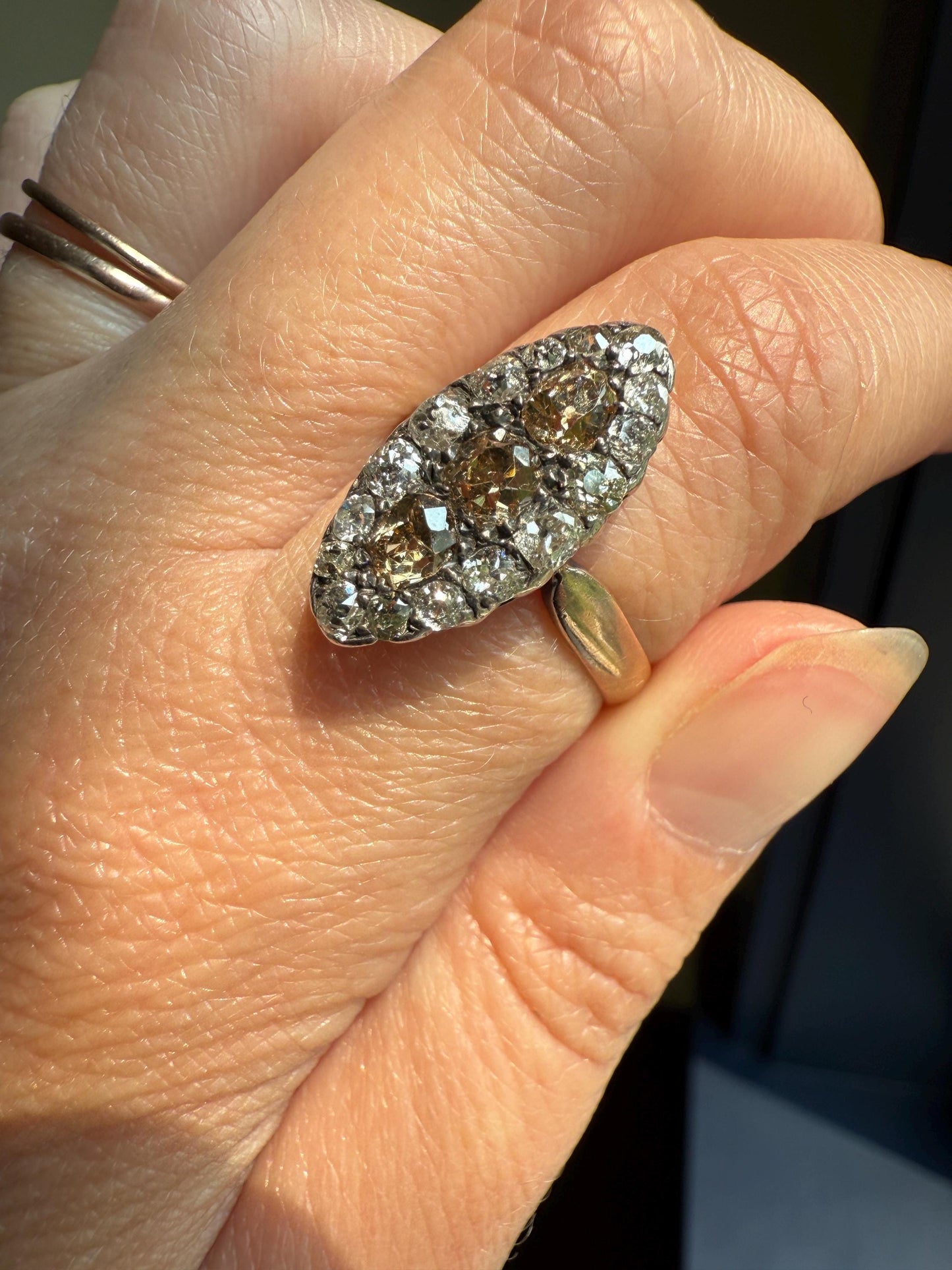Uncommon 2.25 Carat Fancy Brown & White Halo Old Mine Cut Diamond Navette Ring Oval Victorian Antique 18k Gold Silver Chocolate Champagne