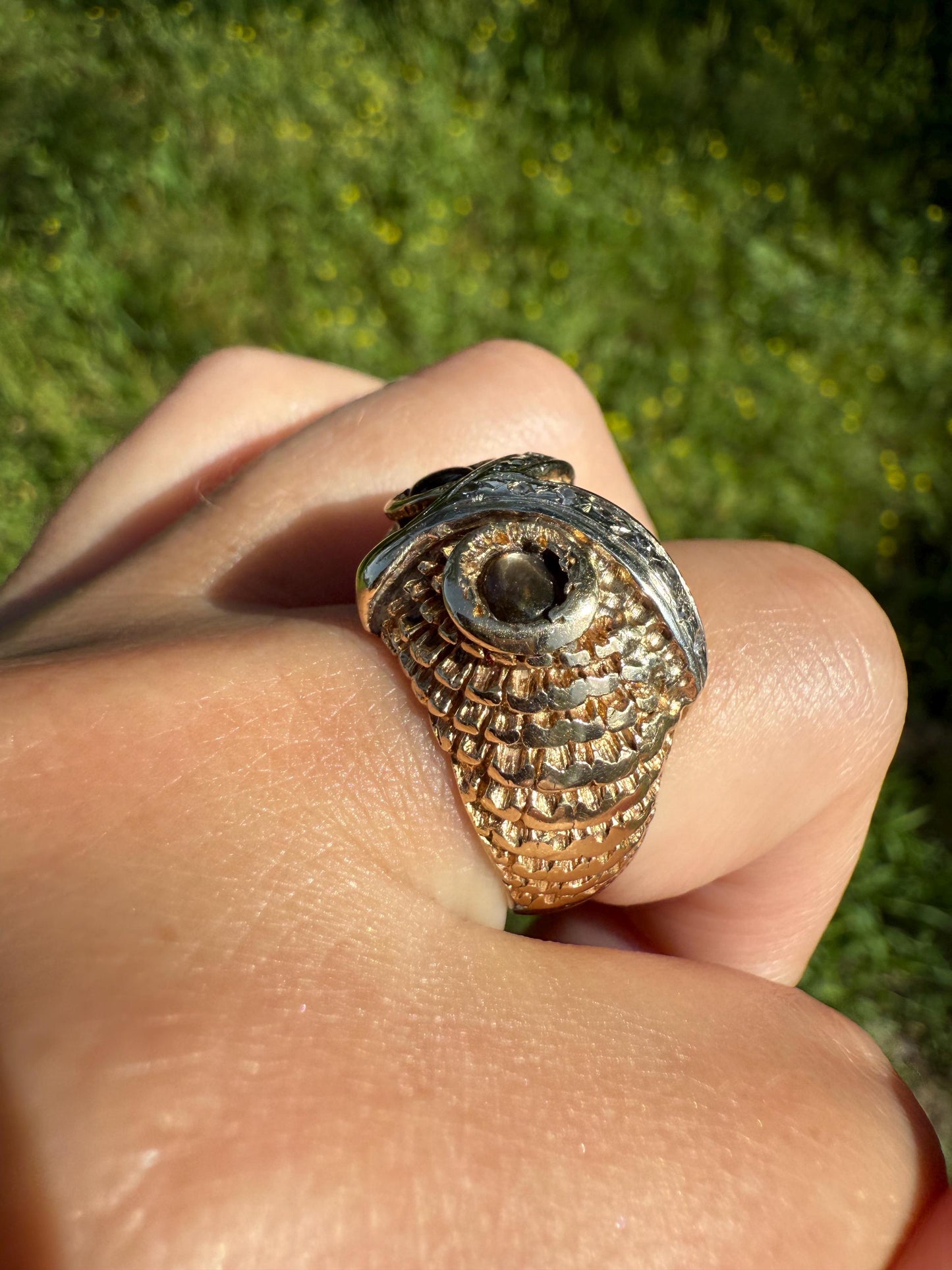 OWL Vintage Figural HEAVY 12.7g 14k Gold Ring Cat's Eye Gray Chrysoberyl Eyes Two Tone Diamond Accents Domed Chunky Unisex Statement Wisdom