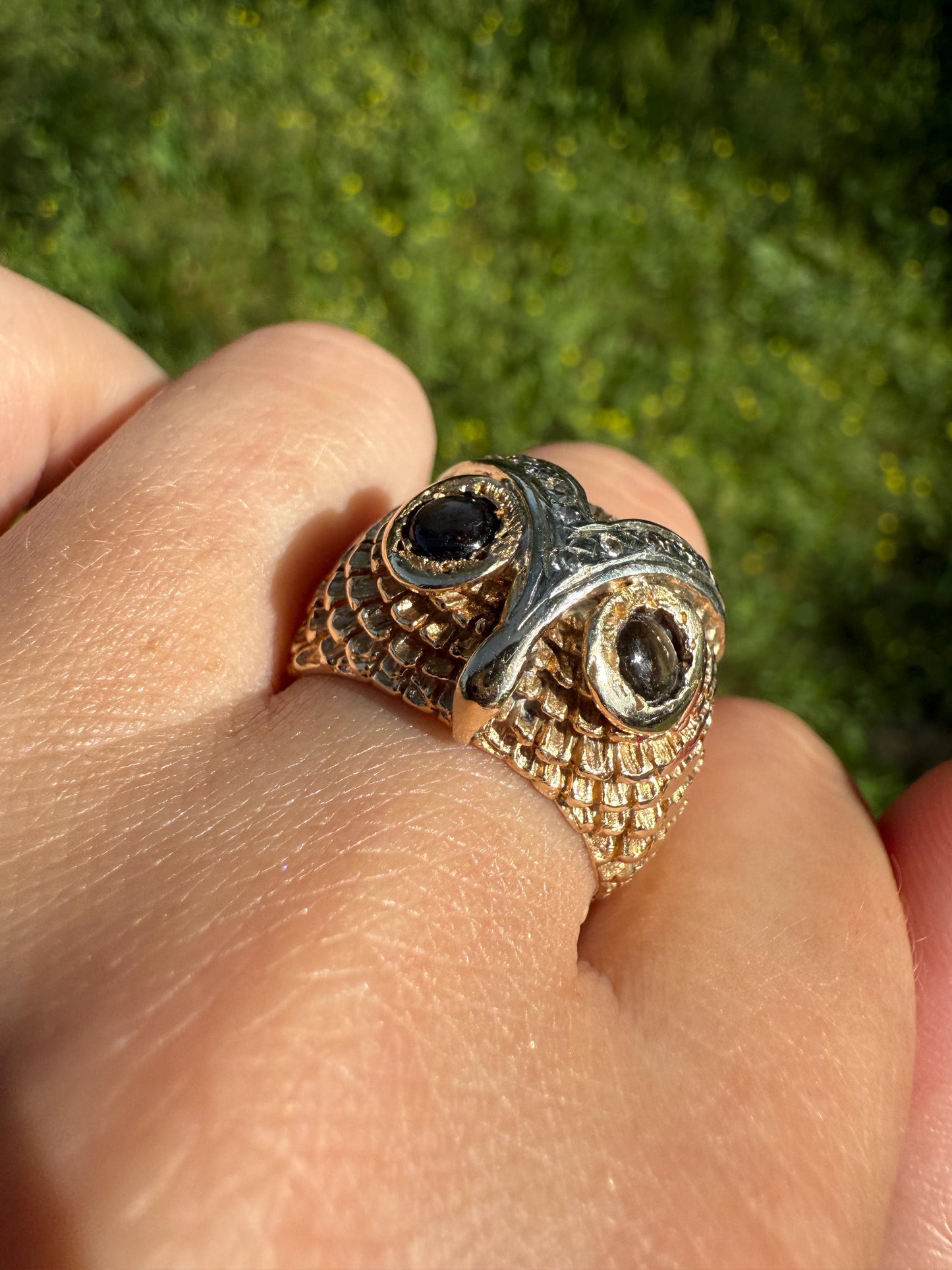 OWL Vintage Figural HEAVY 12.7g 14k Gold Ring Cat's Eye Gray Chrysoberyl Eyes Two Tone Diamond Accents Domed Chunky Unisex Statement Wisdom