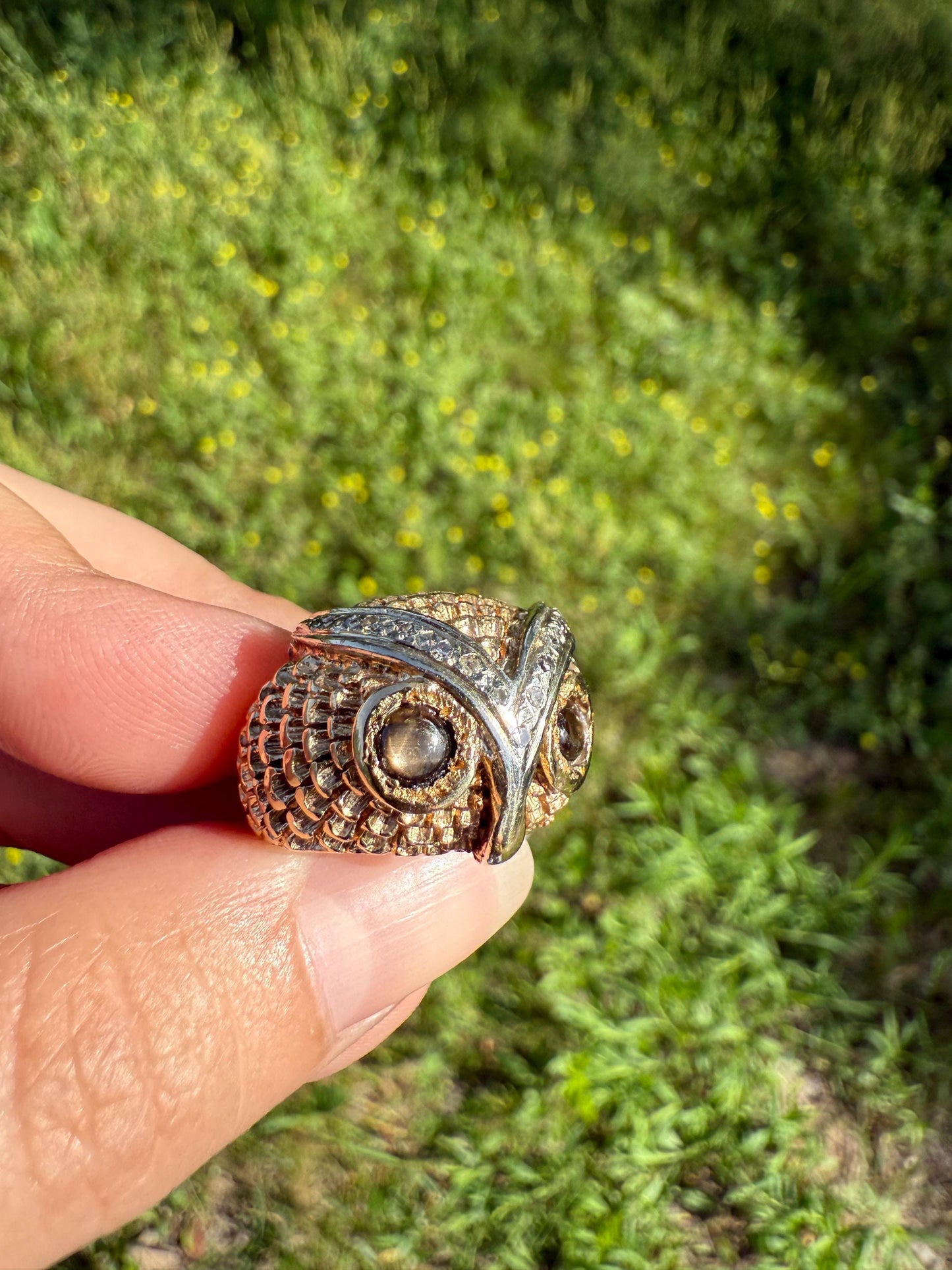 OWL Vintage Figural HEAVY 12.7g 14k Gold Ring Cat's Eye Gray Chrysoberyl Eyes Two Tone Diamond Accents Domed Chunky Unisex Statement Wisdom