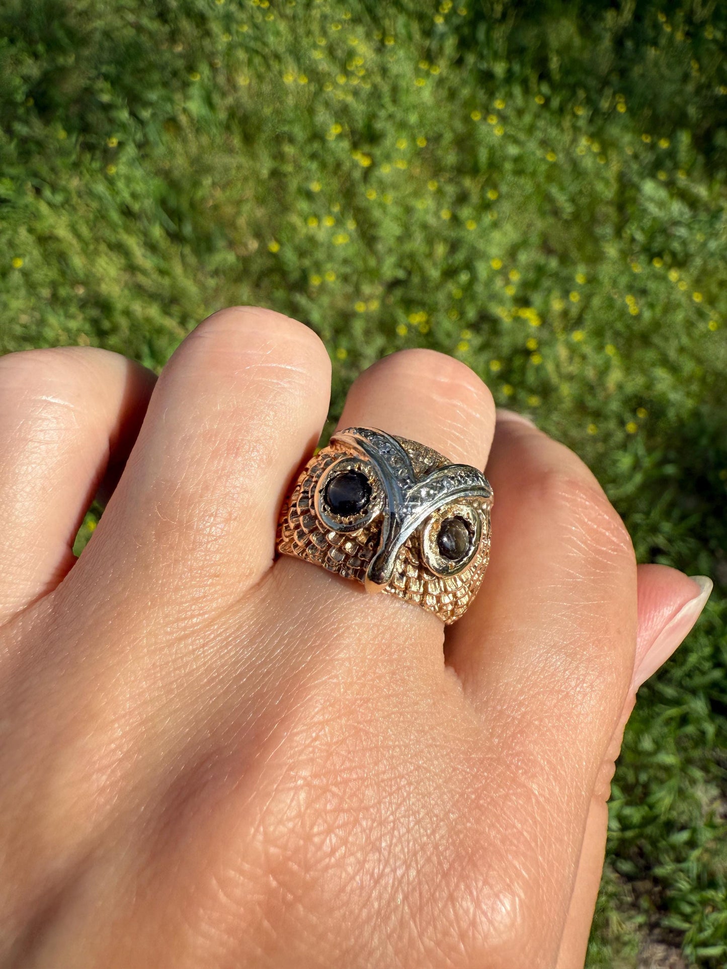 OWL Vintage Figural HEAVY 12.7g 14k Gold Ring Cat's Eye Gray Chrysoberyl Eyes Two Tone Diamond Accents Domed Chunky Unisex Statement Wisdom