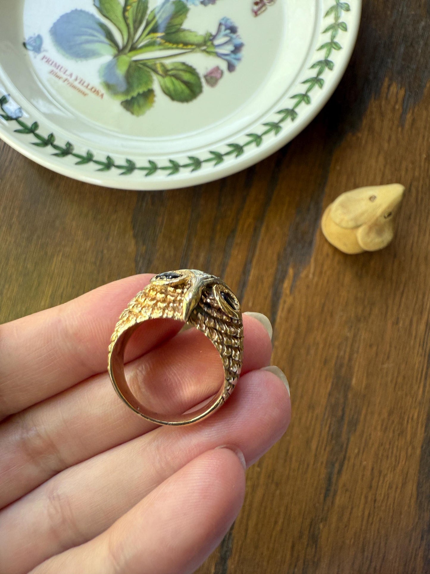 OWL Vintage Figural HEAVY 12.7g 14k Gold Ring Cat's Eye Gray Chrysoberyl Eyes Two Tone Diamond Accents Domed Chunky Unisex Statement Wisdom