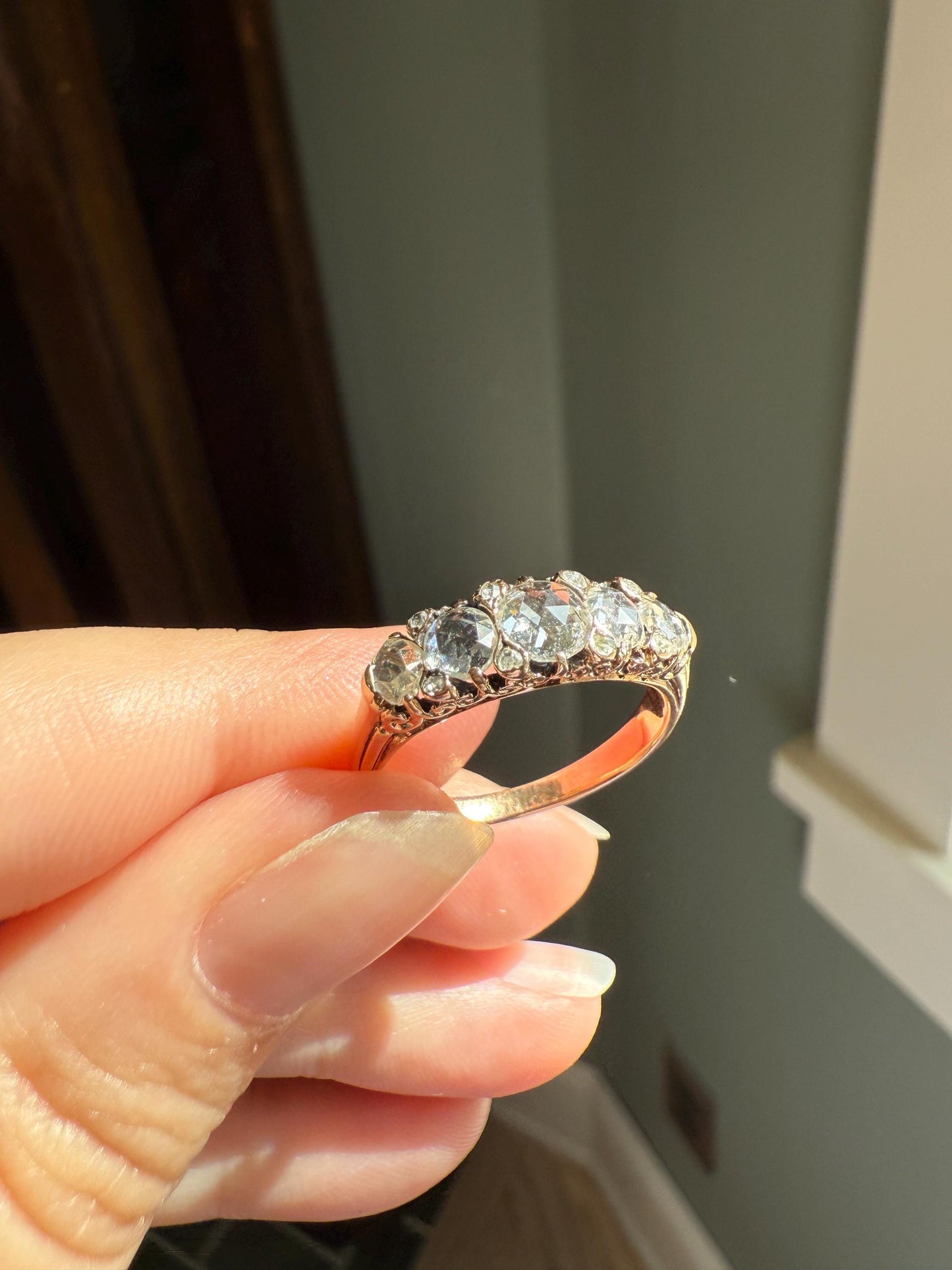 ANTIQUE Rose Cut DIAMOND Five Stone Band with Spacers Disco Ball Stacker Ring 14k Gold