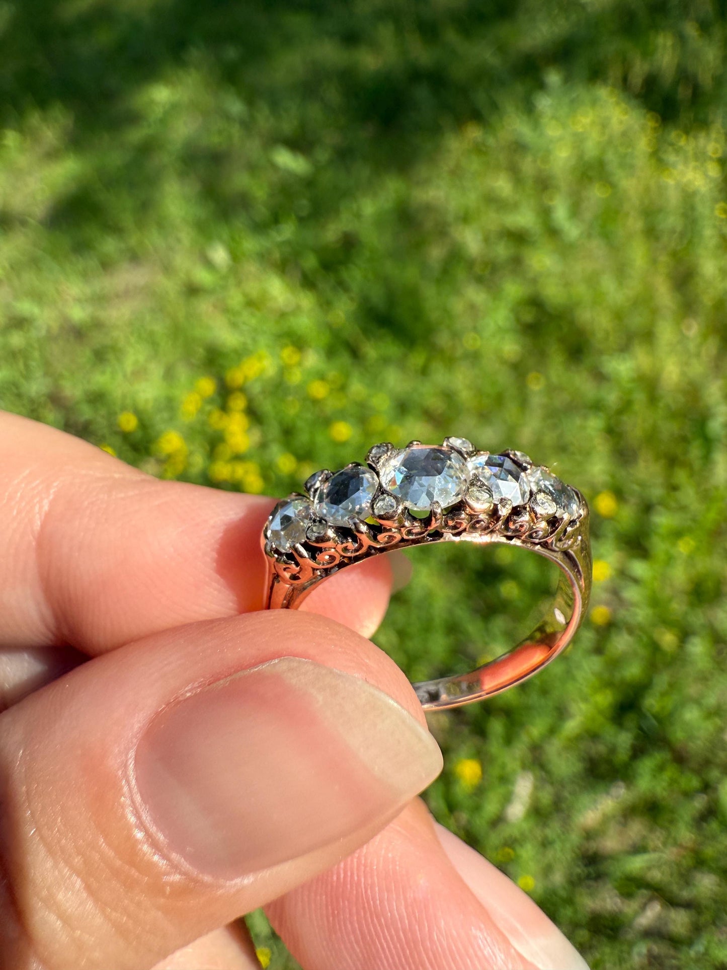 ANTIQUE Rose Cut DIAMOND Five Stone Band with Spacers Disco Ball Stacker Ring 14k Gold