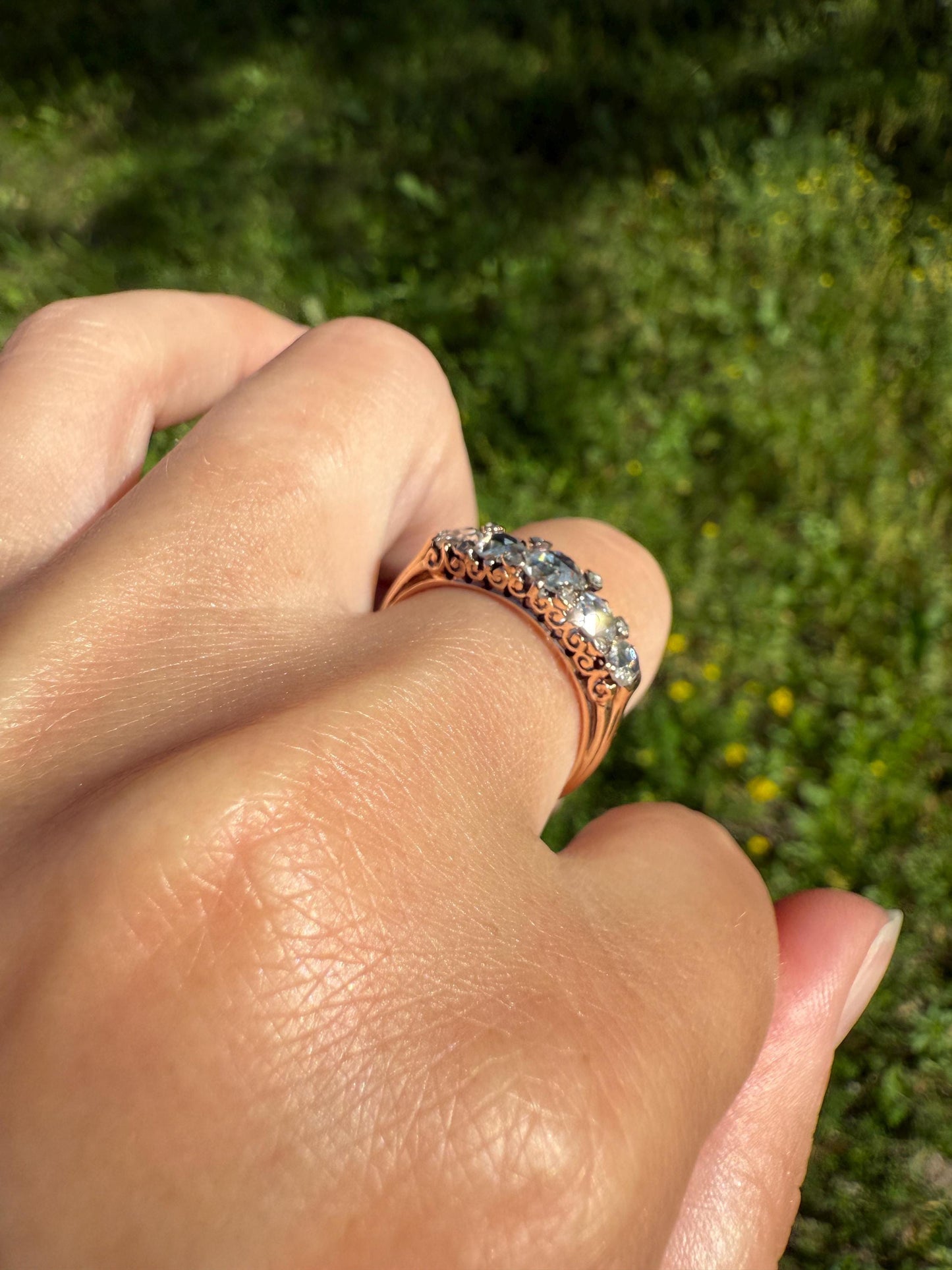 ANTIQUE Rose Cut DIAMOND Five Stone Band with Spacers Disco Ball Stacker Ring 14k Gold