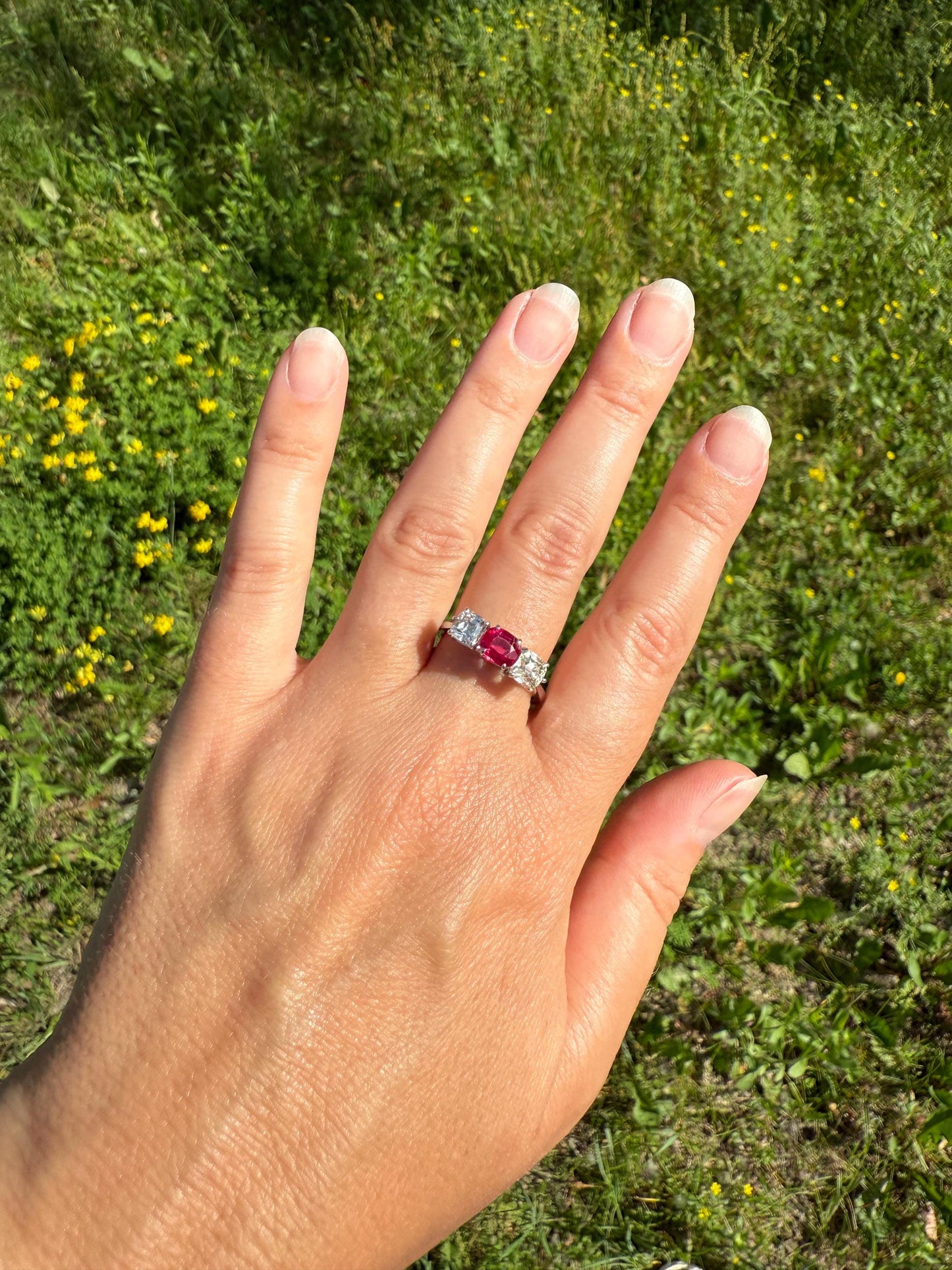 TALL Three Stone Square Old Mine Cut DIAMOND Natural Ruby 18k White Gold Ring Unique Stacker Setting Stackable Pinkish Red