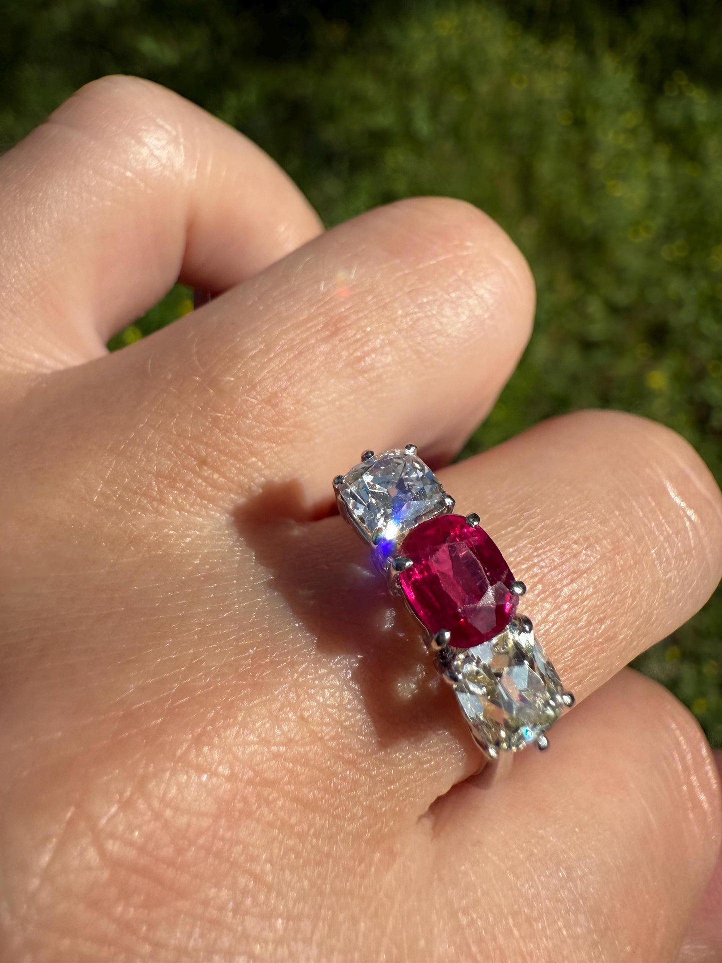 TALL Three Stone Square Old Mine Cut DIAMOND Natural Ruby 18k White Gold Ring Unique Stacker Setting Stackable Pinkish Red