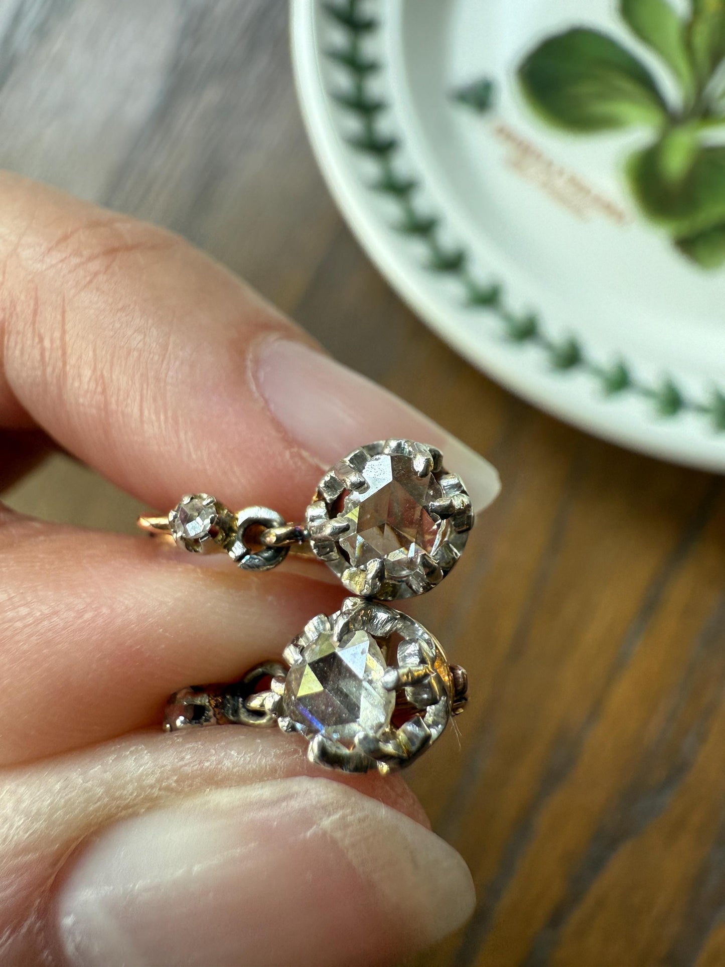 FRENCH Antique 18k GOLD Rose Cut Diamond Earrings Victorian Dangle Dormeuse Gift Belle Epoque Bridal Something Old Crown