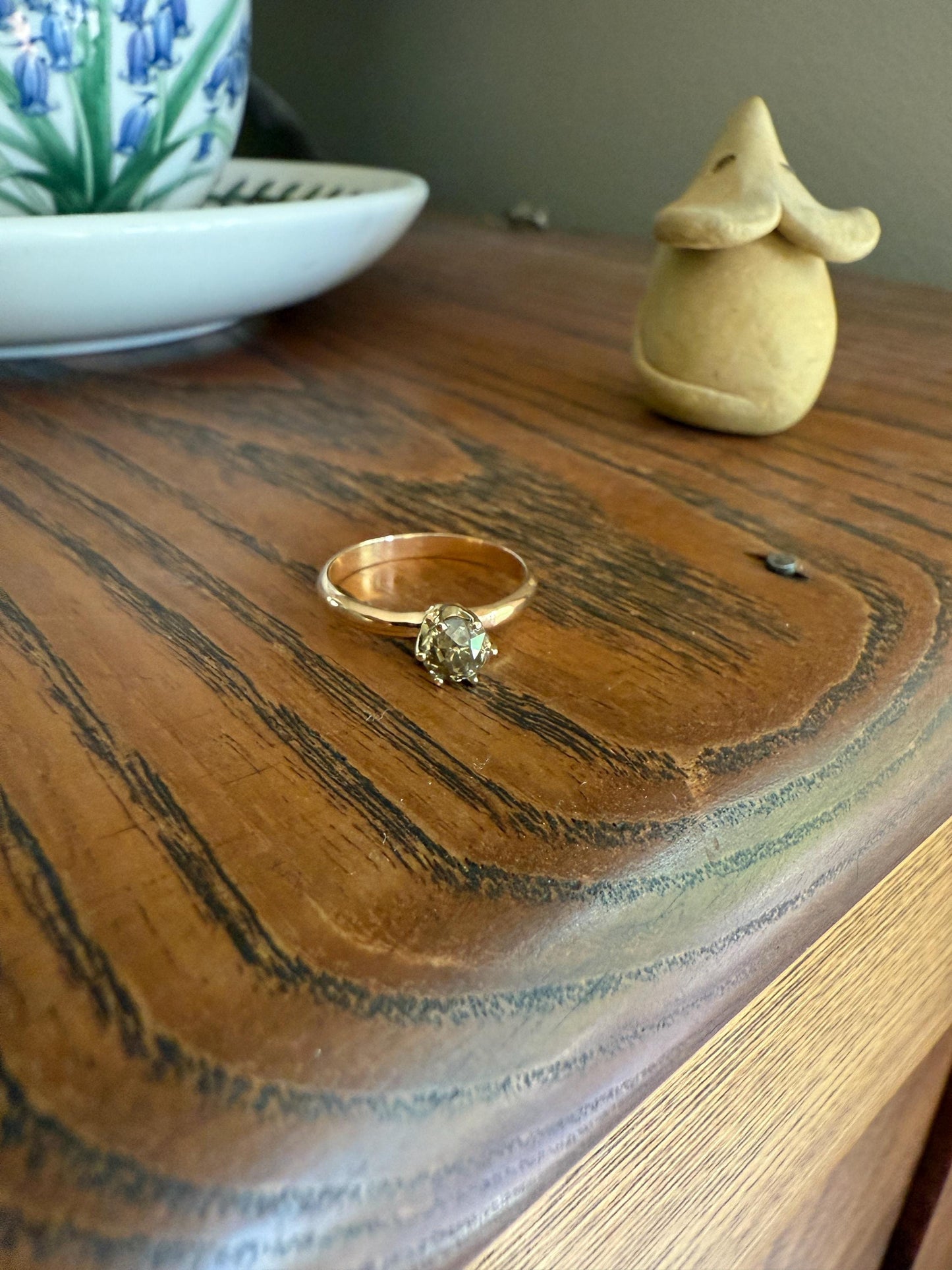 Vintage Band Antique Diamond .69 Carat Fancy Brown Old Mine Cut 18k Gold Dated Wedding Ring Solitaire Champagne Ooak Stacker Engagement Gift