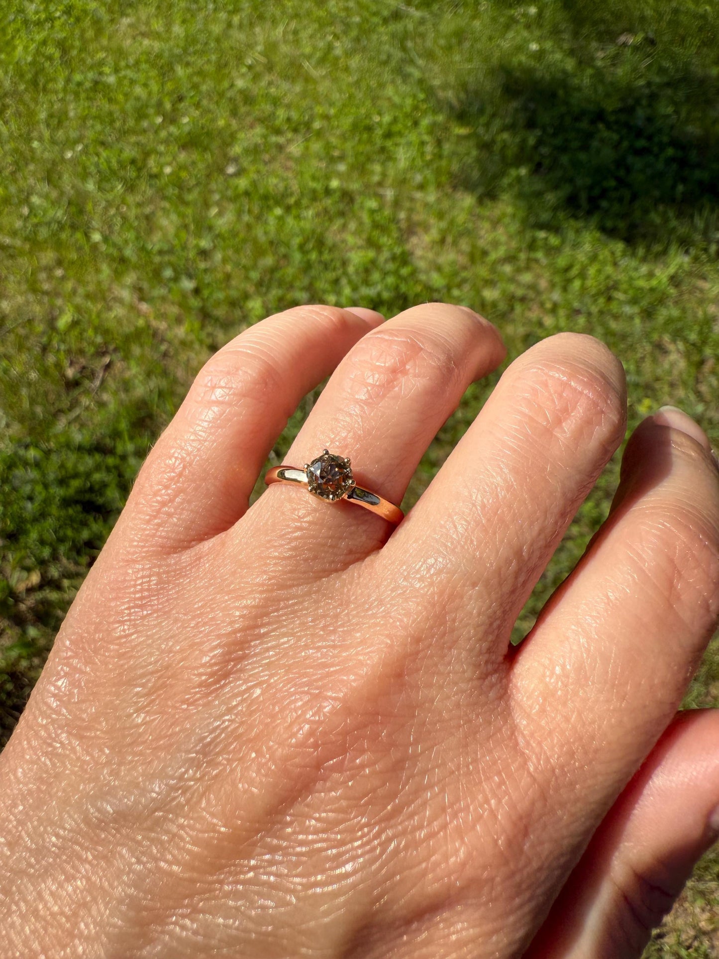 Vintage Band Antique Diamond .69 Carat Fancy Brown Old Mine Cut 18k Gold Dated Wedding Ring Solitaire Champagne Ooak Stacker Engagement Gift