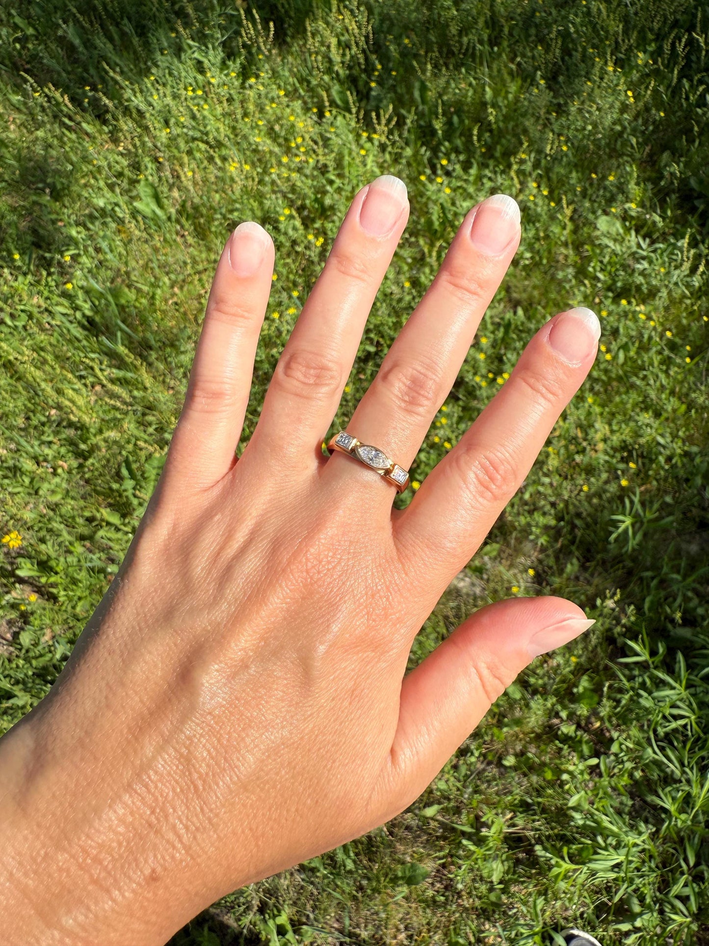 Chunky Geometric Three Stone DIAMOND Vintage Wide Band .8 Carat Marquise & Rectangular Step Cut Ring 18k Gold Stacker Bezel Set .8Ctw