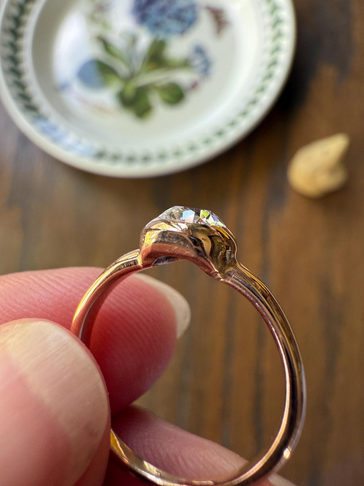 Eye Clean Antique Old Mine Cut DIAMOND Bright White Solitaire in Vintage Bezel Setting 18k Rose Gold Chunky Stacker Minimalist Engagement