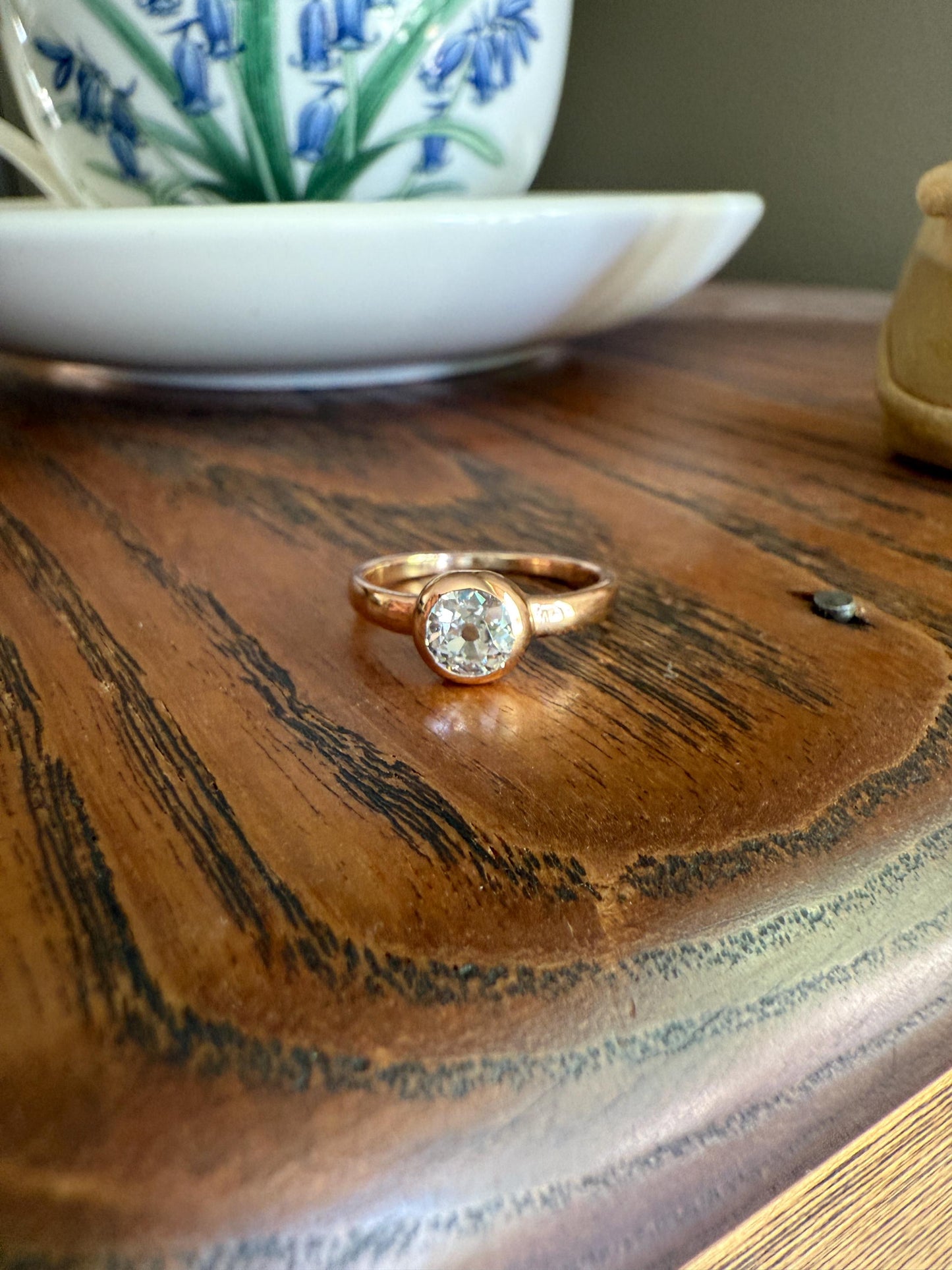 Eye Clean Antique Old Mine Cut DIAMOND Bright White Solitaire in Vintage Bezel Setting 18k Rose Gold Chunky Stacker Minimalist Engagement