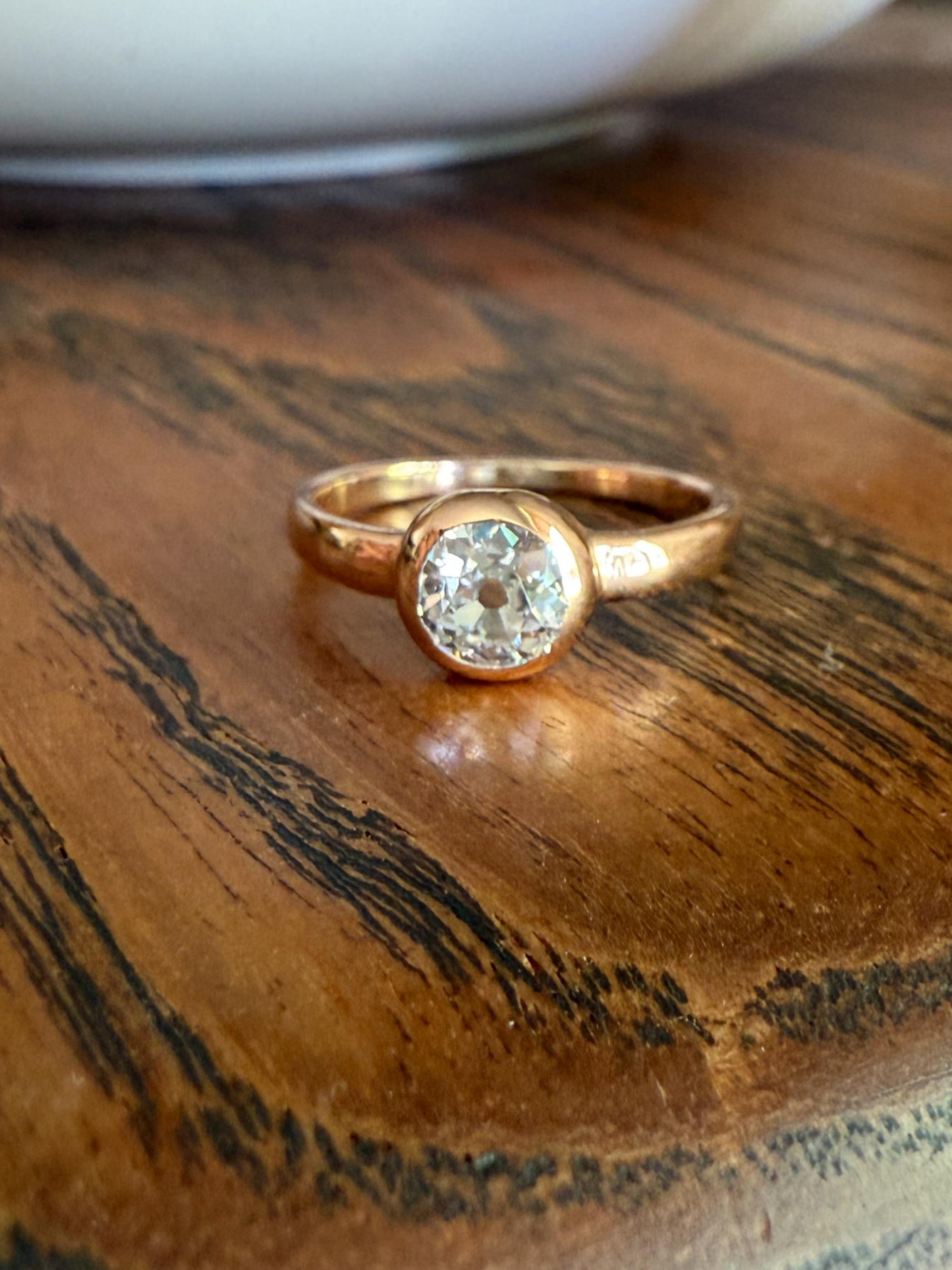 Eye Clean Antique Old Mine Cut DIAMOND Bright White Solitaire in Vintage Bezel Setting 18k Rose Gold Chunky Stacker Minimalist Engagement