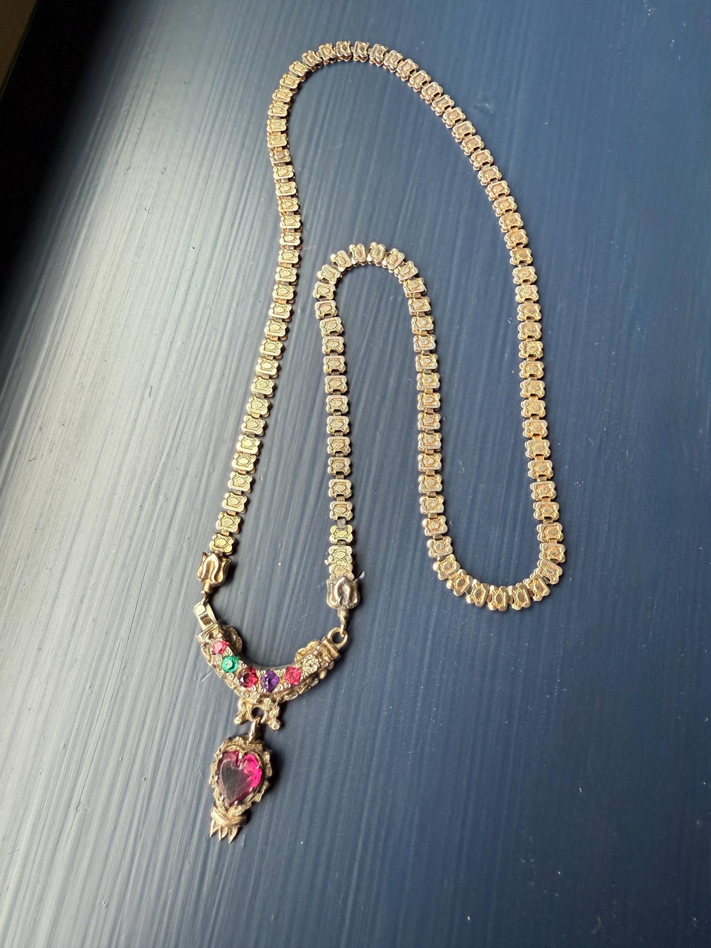 REGARD Old Mine Cut Diamond Amethyst Garnet Paste HEART Antique VICTORIAN Book Chain Necklace Pendant 10k Pale Gold Figural Rare Acrostic