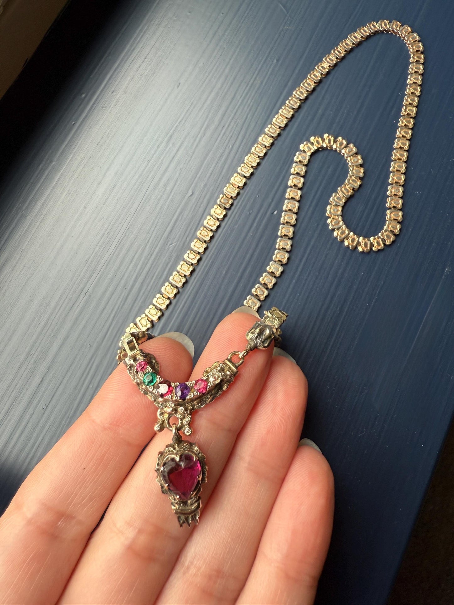 REGARD Old Mine Cut Diamond Amethyst Garnet Paste HEART Antique VICTORIAN Book Chain Necklace Pendant 10k Pale Gold Figural Rare Acrostic