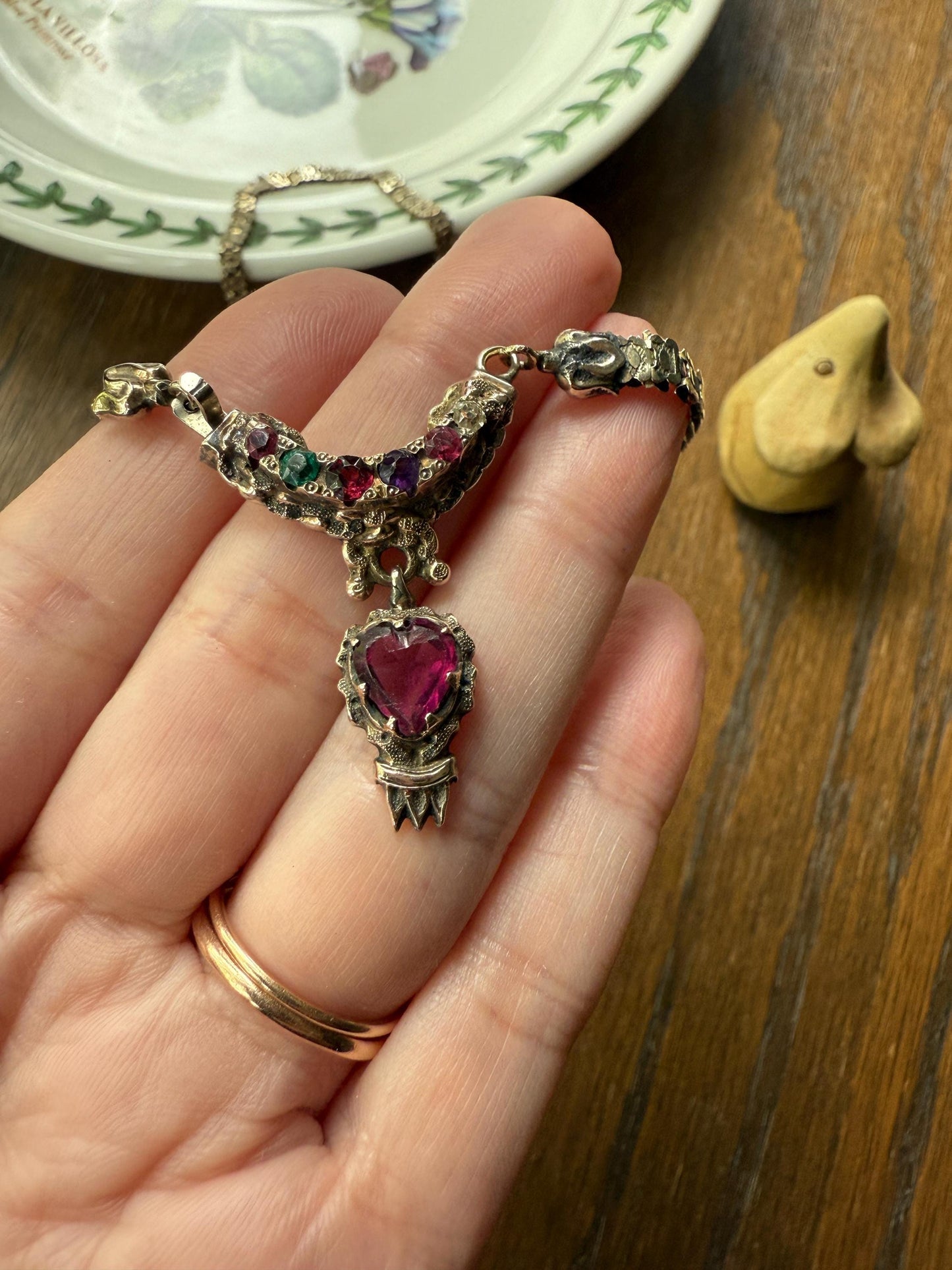 REGARD Old Mine Cut Diamond Amethyst Garnet Paste HEART Antique VICTORIAN Book Chain Necklace Pendant 10k Pale Gold Figural Rare Acrostic