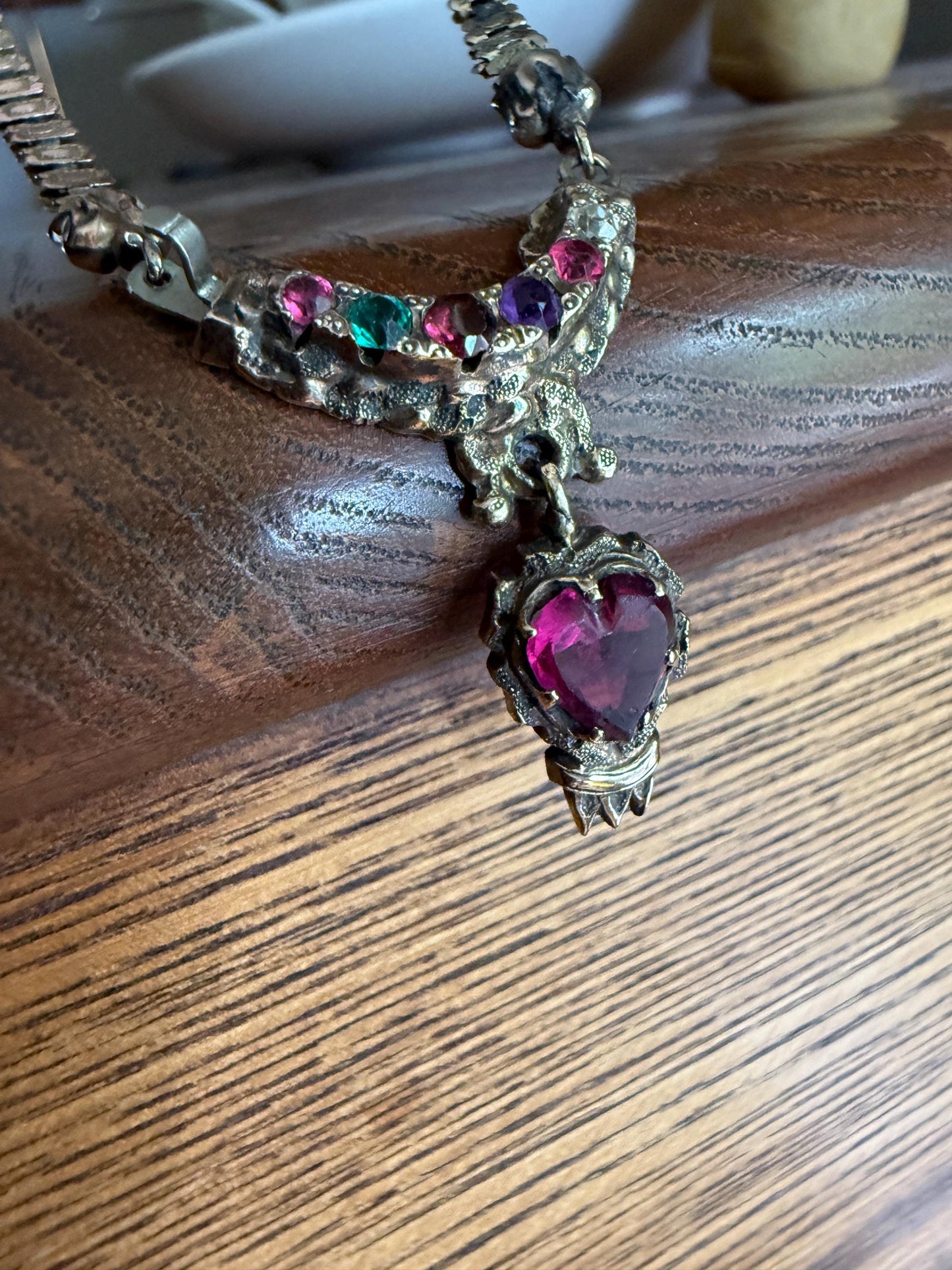REGARD Old Mine Cut Diamond Amethyst Garnet Paste HEART Antique VICTORIAN Book Chain Necklace Pendant 10k Pale Gold Figural Rare Acrostic