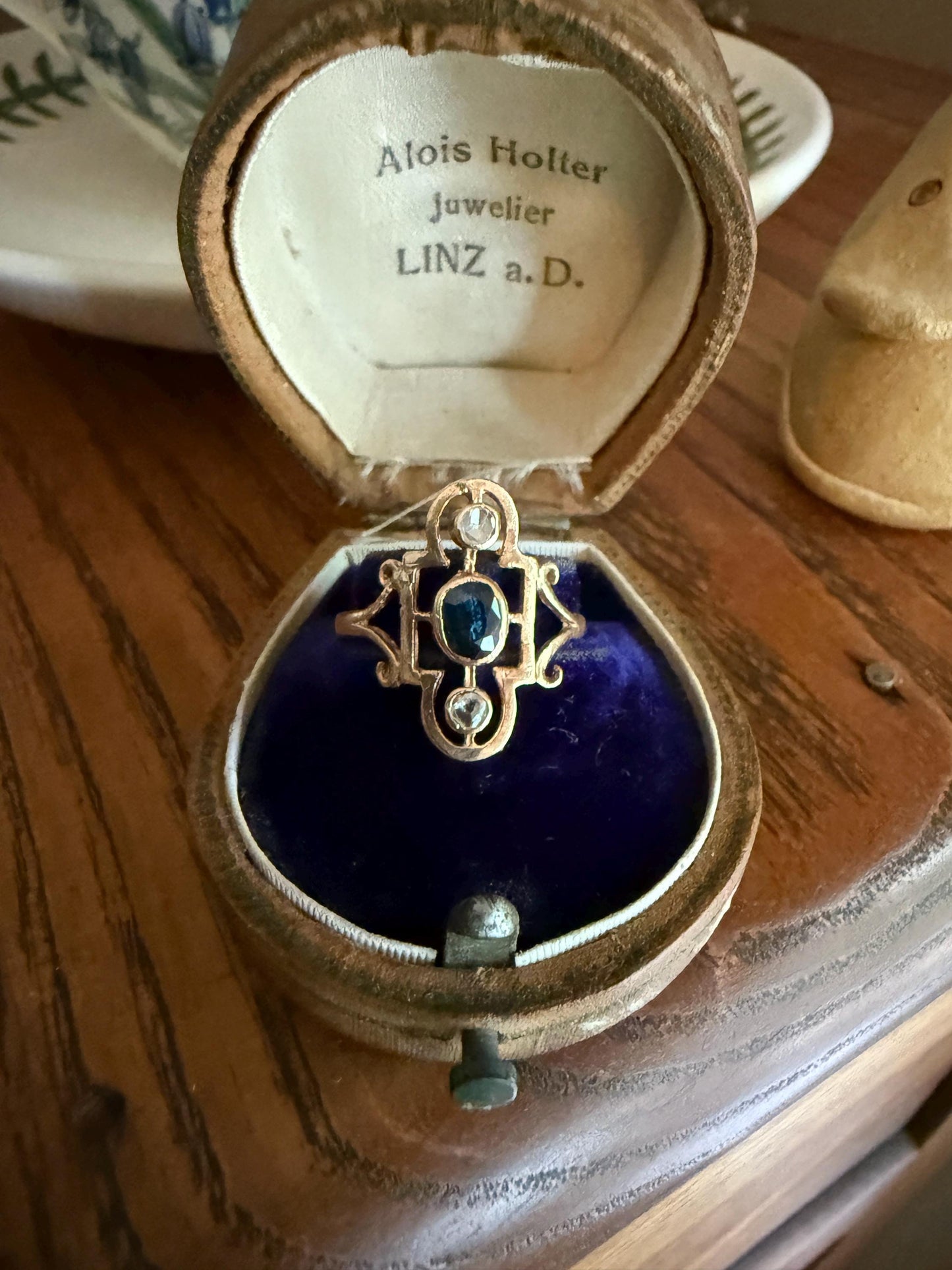 SHIELD Antique Natural Sapphire Rose Cut DIAMOND Open Work Ring 12k Gold Early 1900s Blue Geometric Stacker Unique Gift