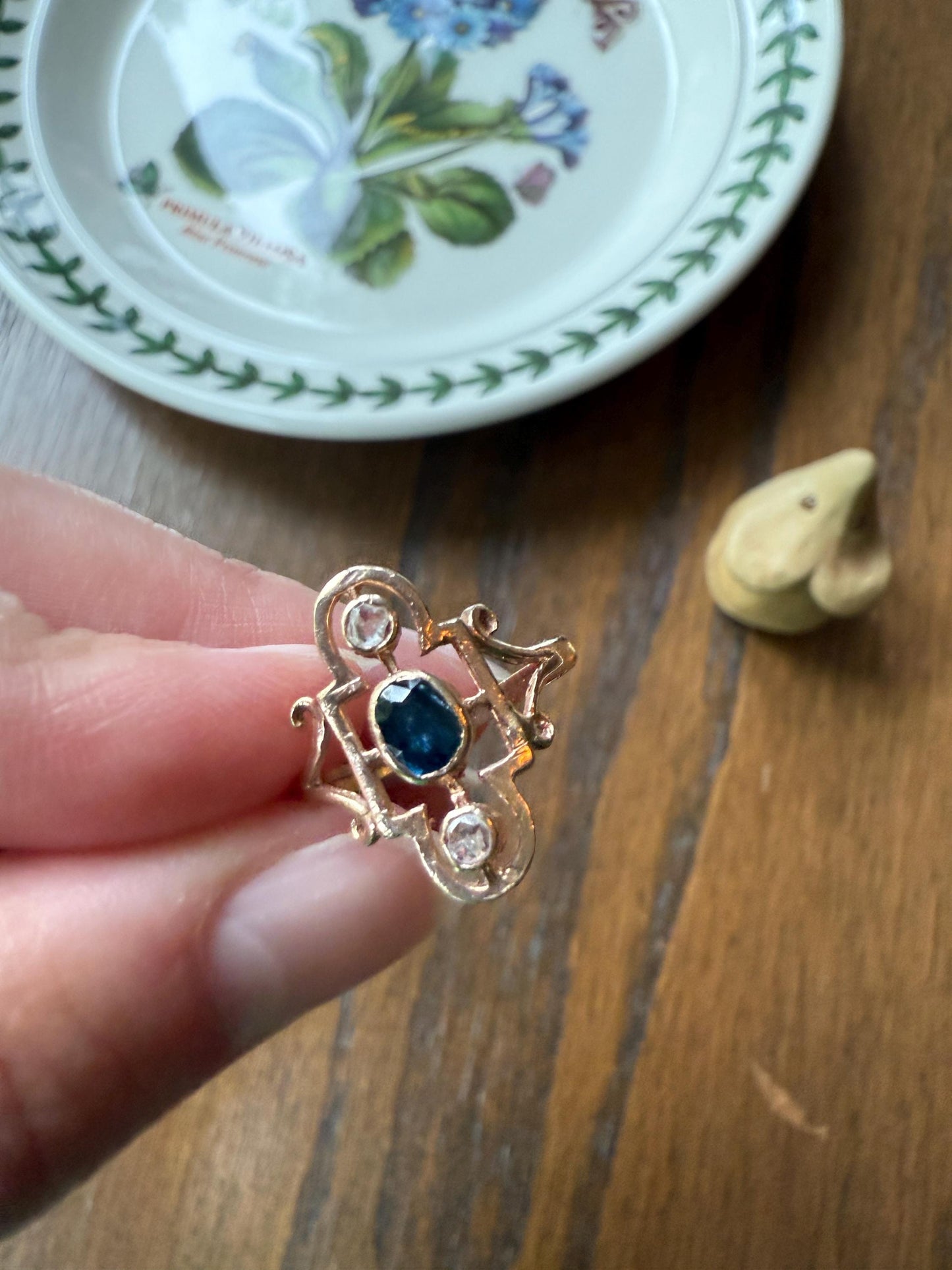 SHIELD Antique Natural Sapphire Rose Cut DIAMOND Open Work Ring 12k Gold Early 1900s Blue Geometric Stacker Unique Gift