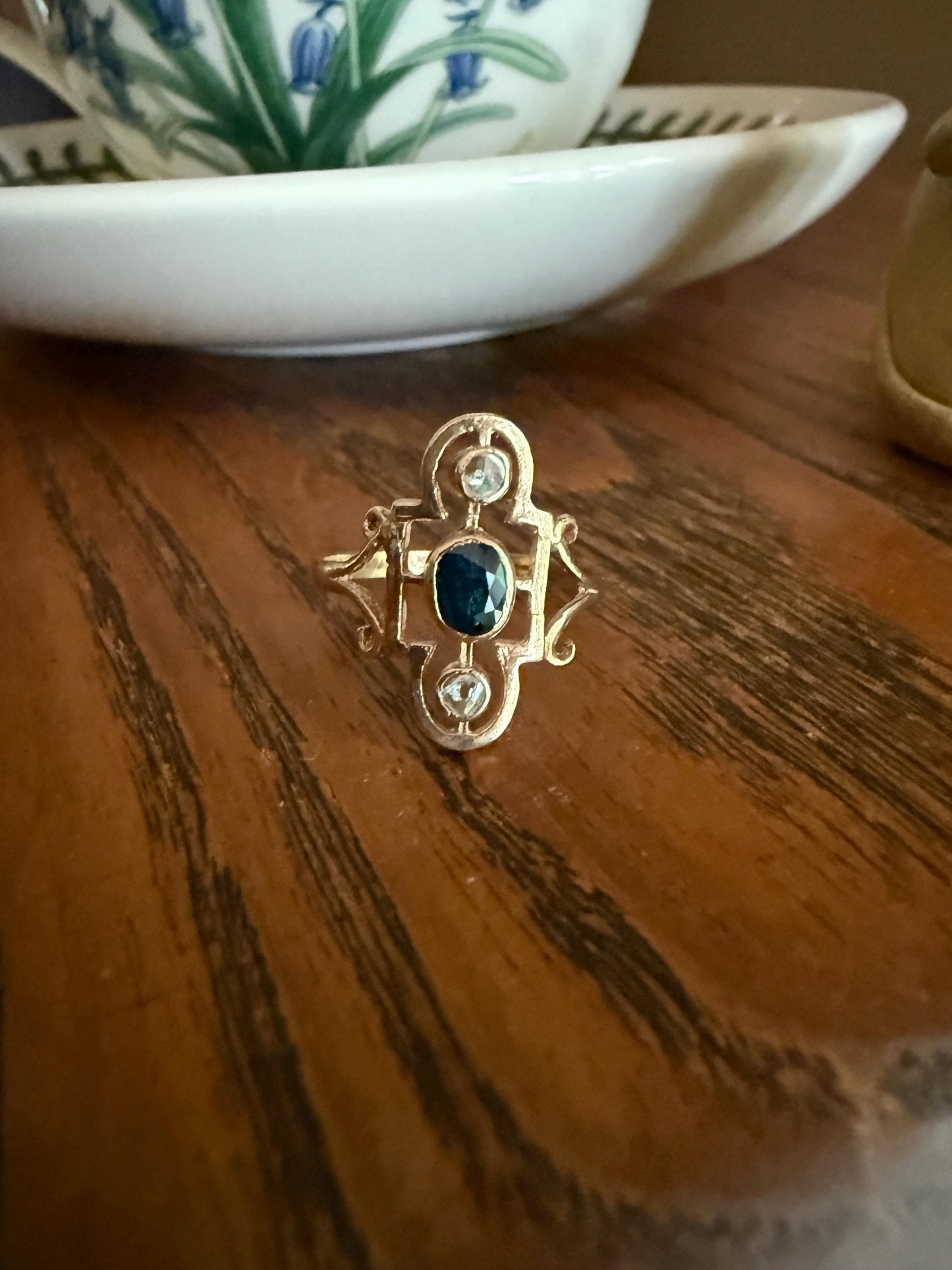 SHIELD Antique Natural Sapphire Rose Cut DIAMOND Open Work Ring 12k Gold Early 1900s Blue Geometric Stacker Unique Gift
