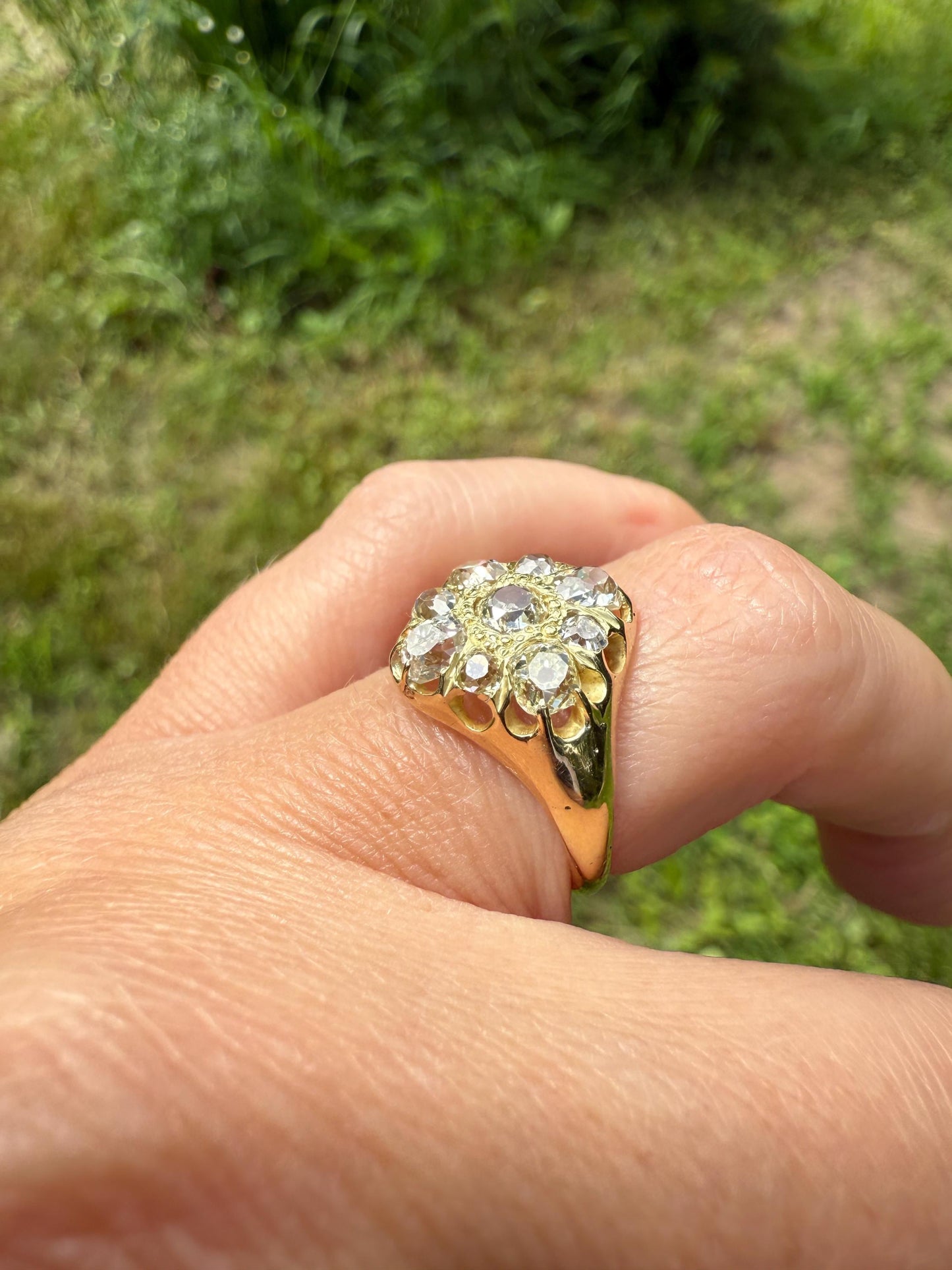 CHUNKY 1.2 Carat Old Mine Cut DIAMOND Cluster Ring 15k Gold Delicious Pale Yellow Nine Stone Cruciform Halo Belcher Buttercup 1.2Ctw OMC