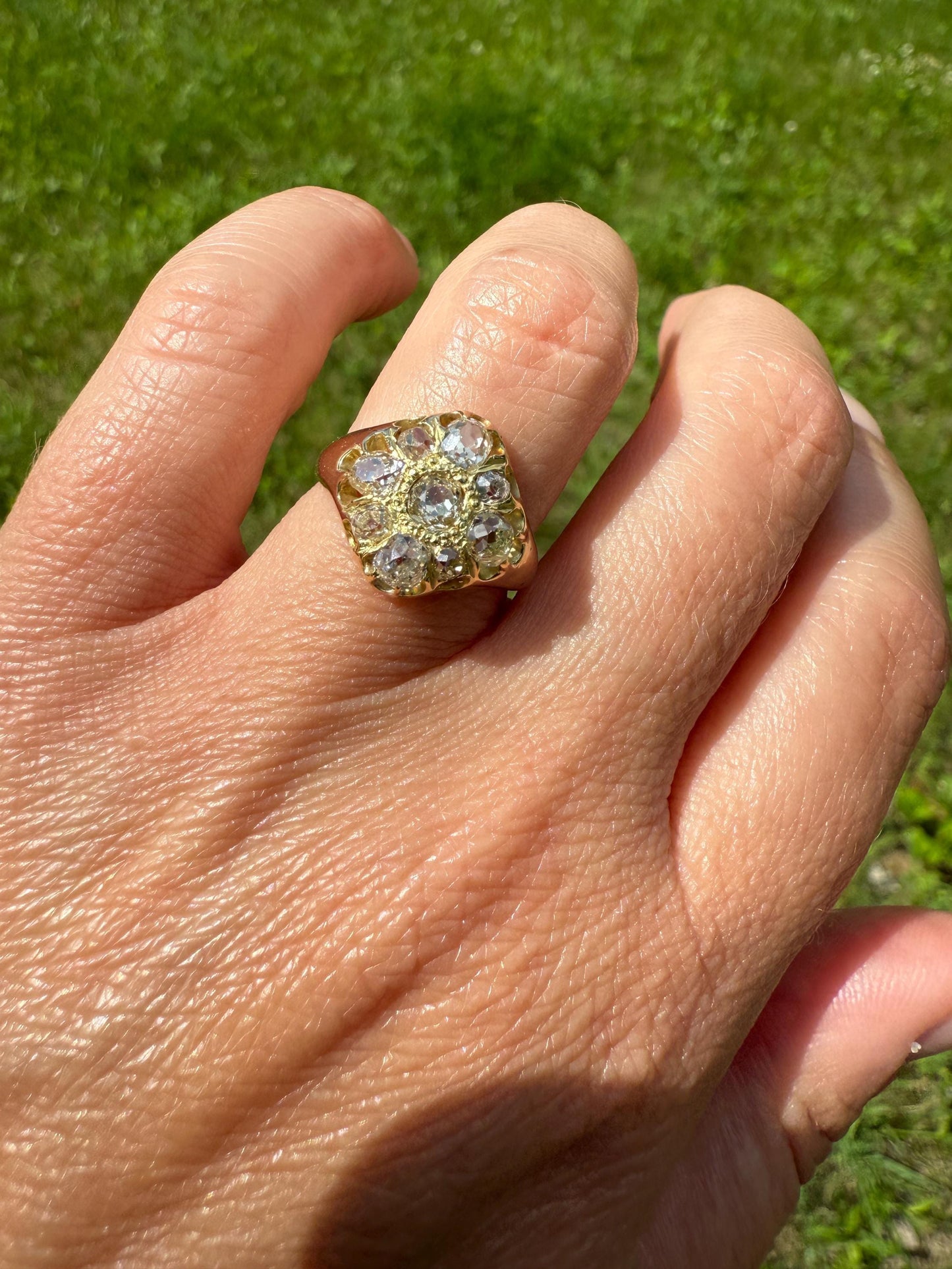 CHUNKY 1.2 Carat Old Mine Cut DIAMOND Cluster Ring 15k Gold Delicious Pale Yellow Nine Stone Cruciform Halo Belcher Buttercup 1.2Ctw OMC