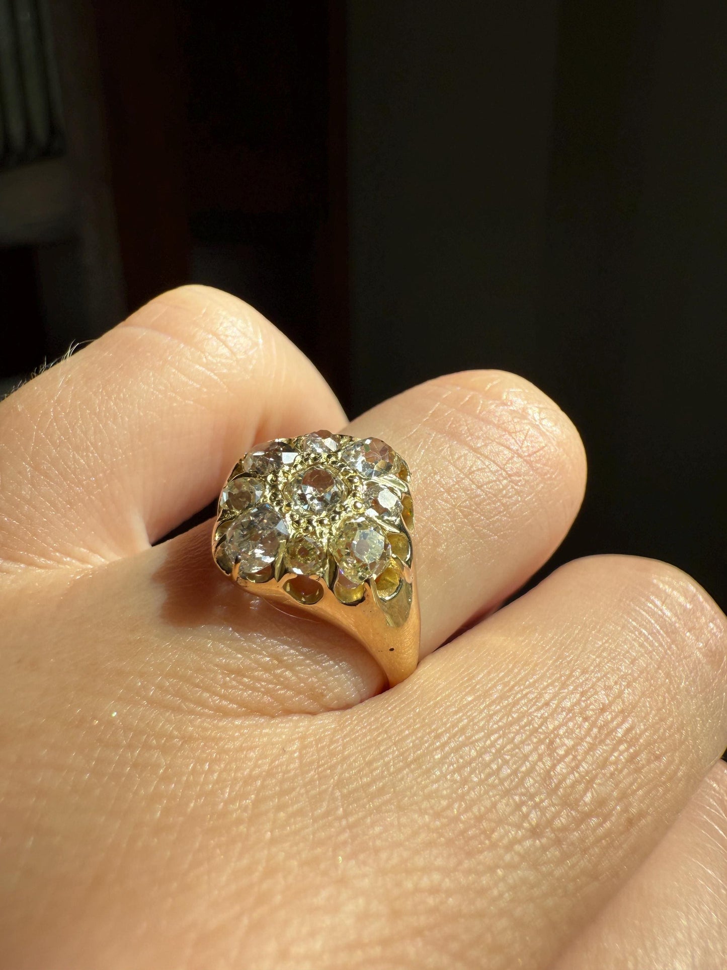 CHUNKY 1.2 Carat Old Mine Cut DIAMOND Cluster Ring 15k Gold Delicious Pale Yellow Nine Stone Cruciform Halo Belcher Buttercup 1.2Ctw OMC