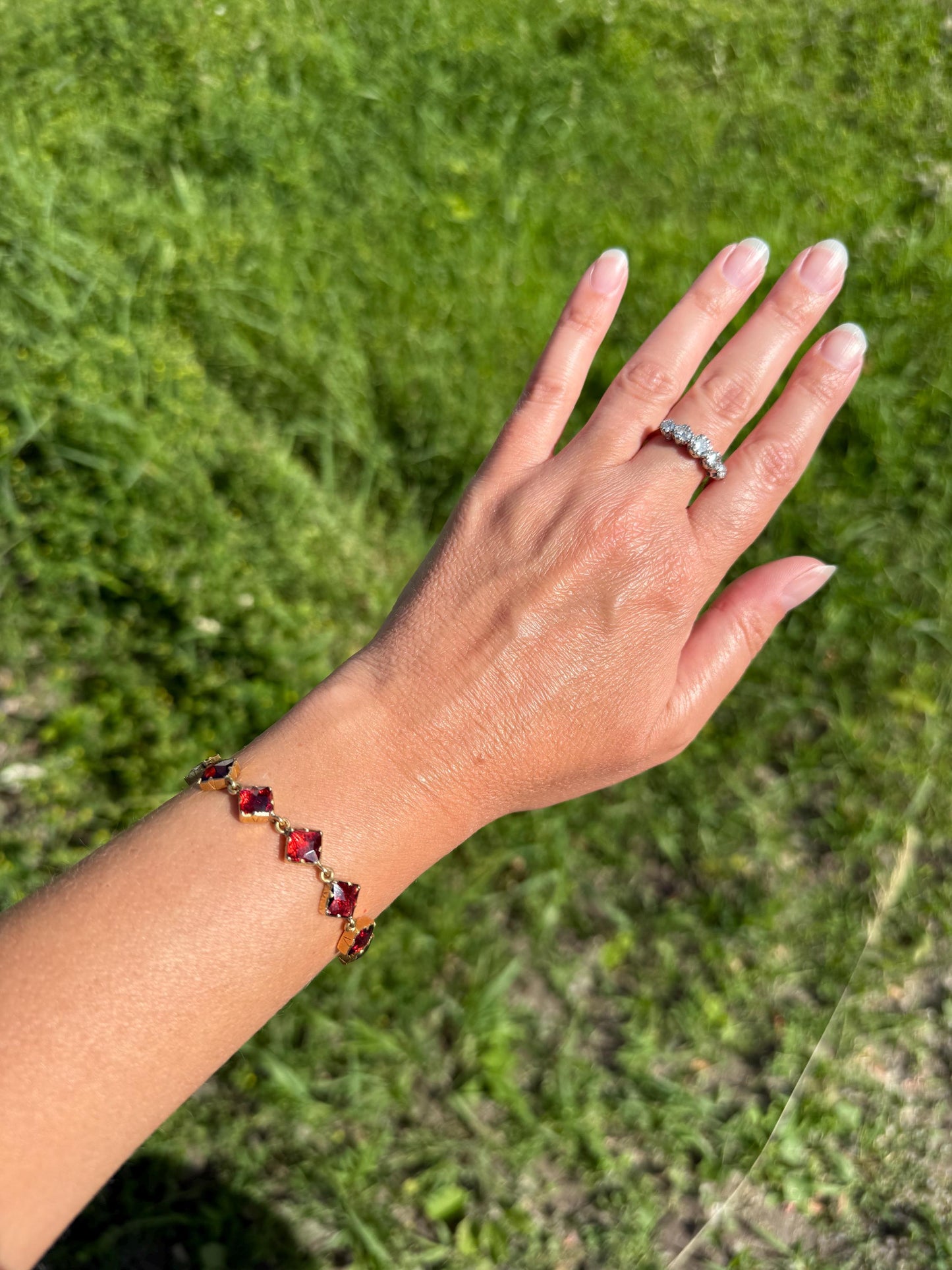 Vintage French Perpignan GARNET Riviere Eternity Bracelet 18k Gold Unique Square Bezel Set Rose Cut Closed Back Glowing Red Riviera