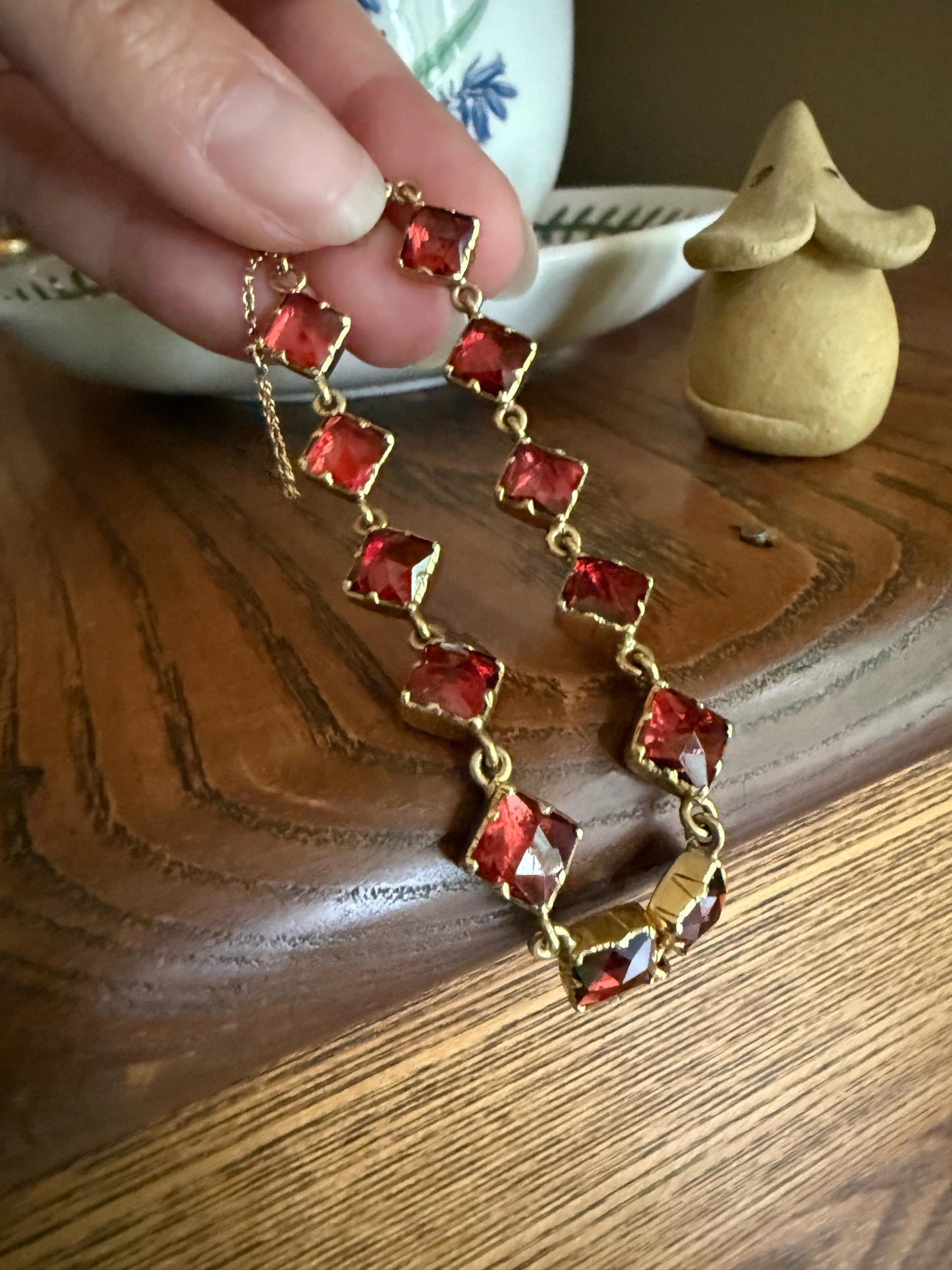 Vintage French Perpignan GARNET Riviere Eternity Bracelet 18k Gold Unique Square Bezel Set Rose Cut Closed Back Glowing Red Riviera