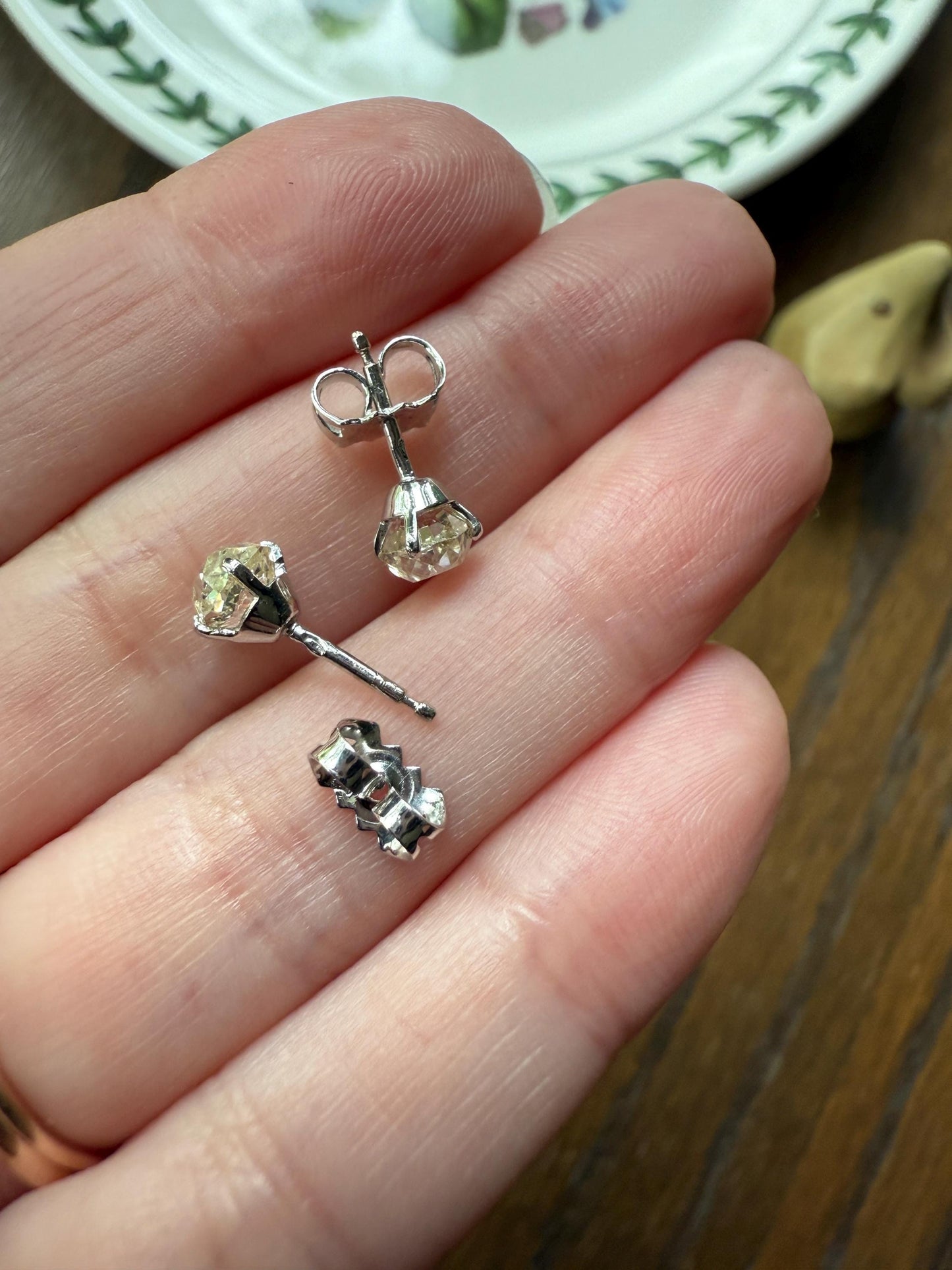 Old Mine Cut 1.3 Carat Tdw DIAMOND Stud Earrings French 18k White GOLD Warm Chunky Antique Stones Later Prong Set Minimalist 1.3ctw OMC
