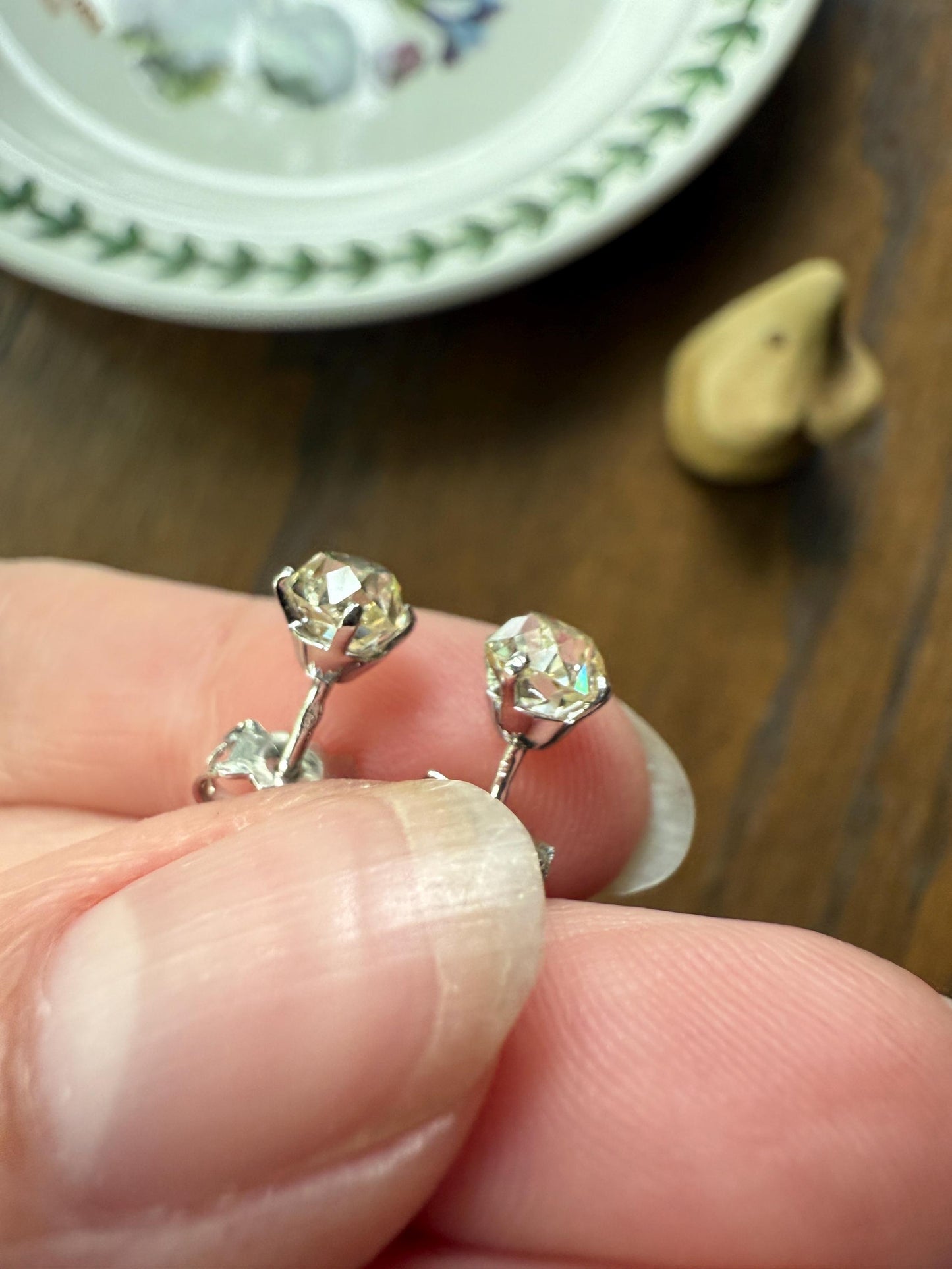 Old Mine Cut 1.3 Carat Tdw DIAMOND Stud Earrings French 18k White GOLD Warm Chunky Antique Stones Later Prong Set Minimalist 1.3ctw OMC