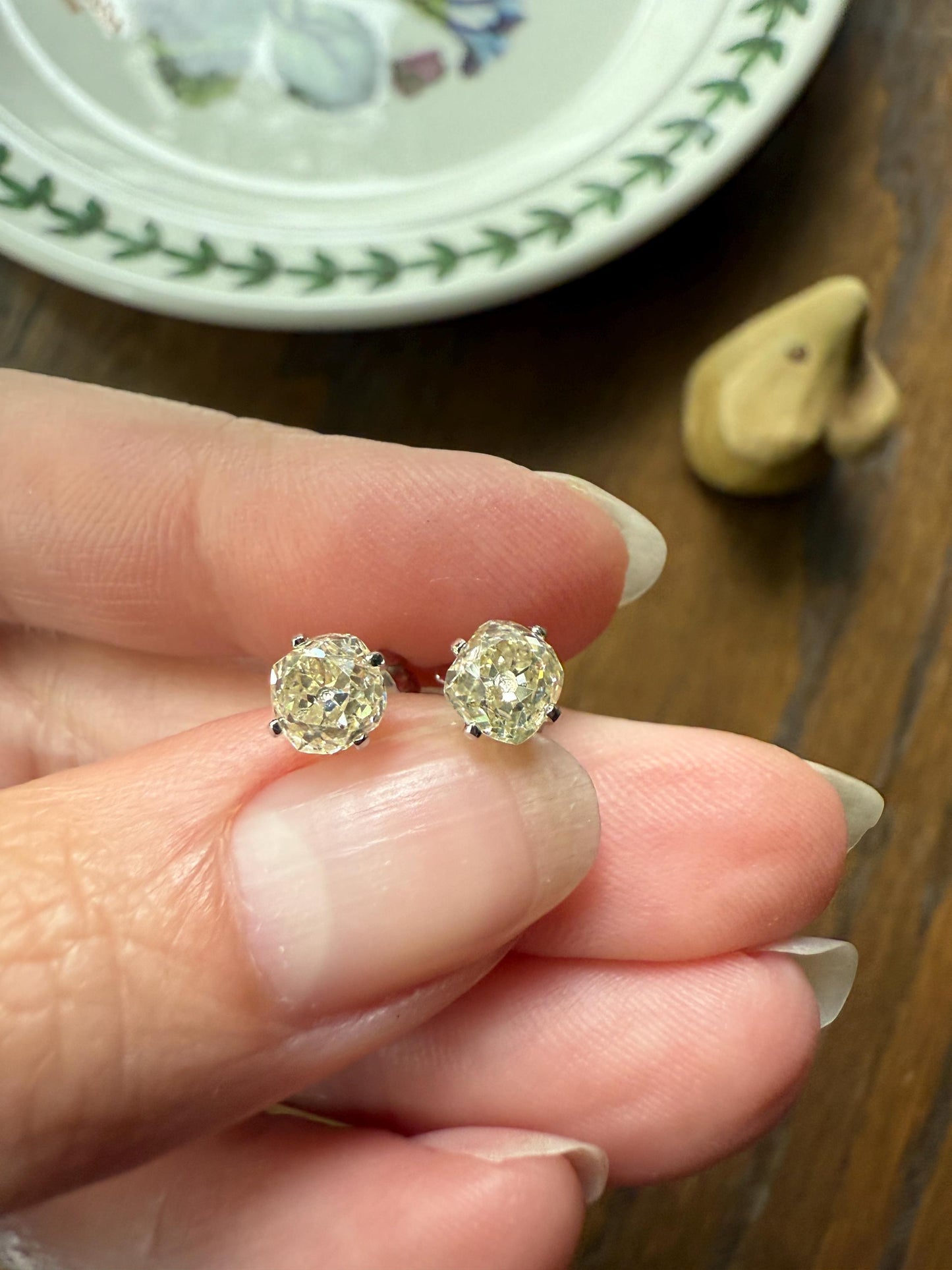 Old Mine Cut 1.3 Carat Tdw DIAMOND Stud Earrings French 18k White GOLD Warm Chunky Antique Stones Later Prong Set Minimalist 1.3ctw OMC