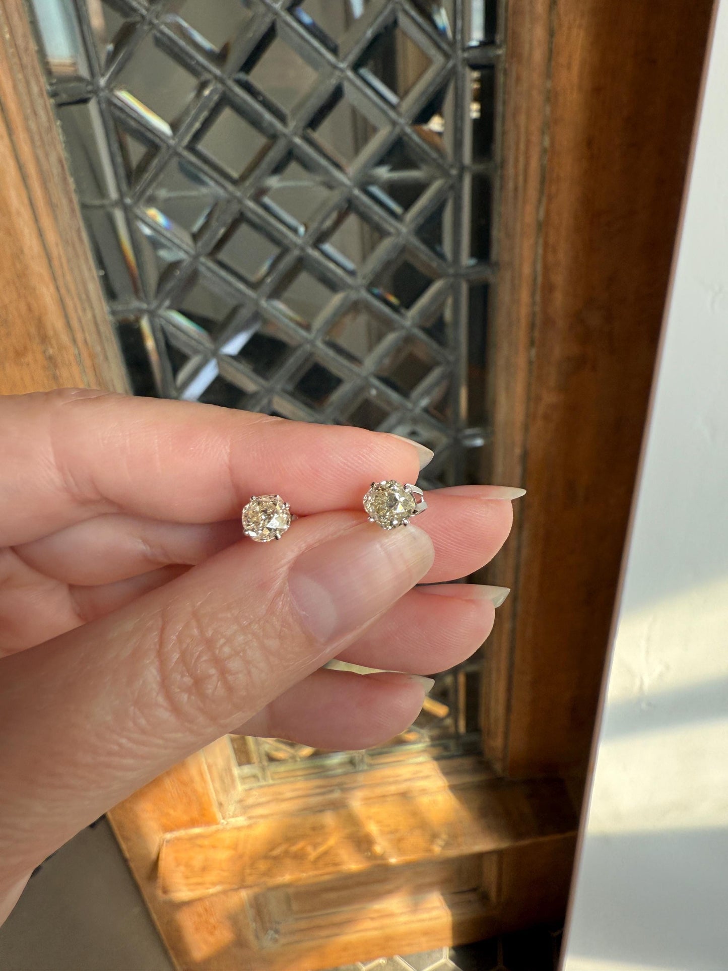 Old Mine Cut 1.3 Carat Tdw DIAMOND Stud Earrings French 18k White GOLD Warm Chunky Antique Stones Later Prong Set Minimalist 1.3ctw OMC