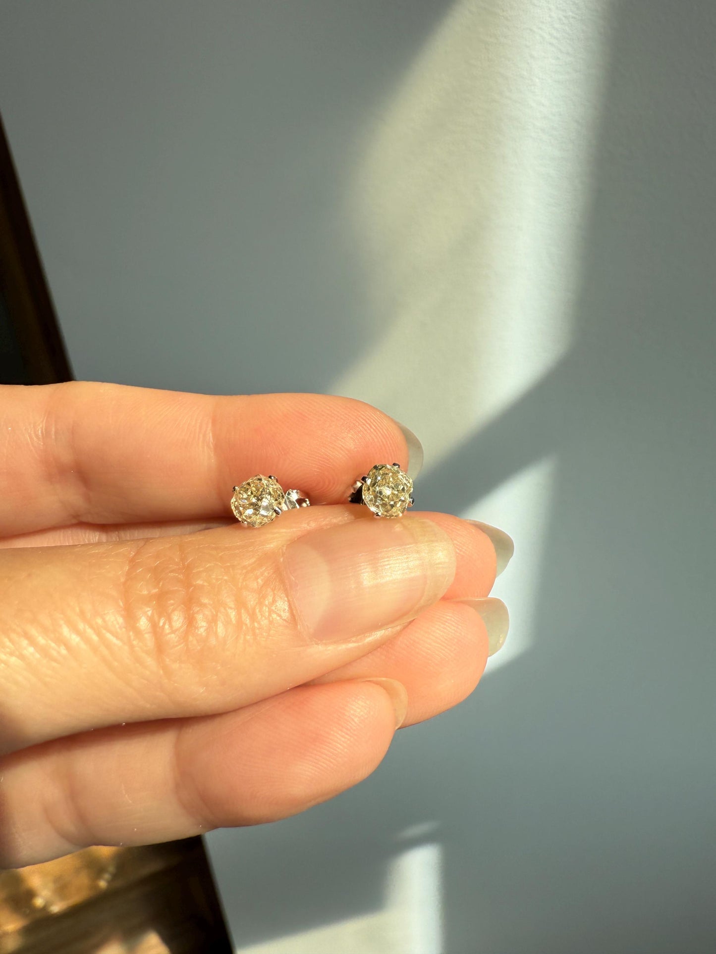 Old Mine Cut 1.3 Carat Tdw DIAMOND Stud Earrings French 18k White GOLD Warm Chunky Antique Stones Later Prong Set Minimalist 1.3ctw OMC