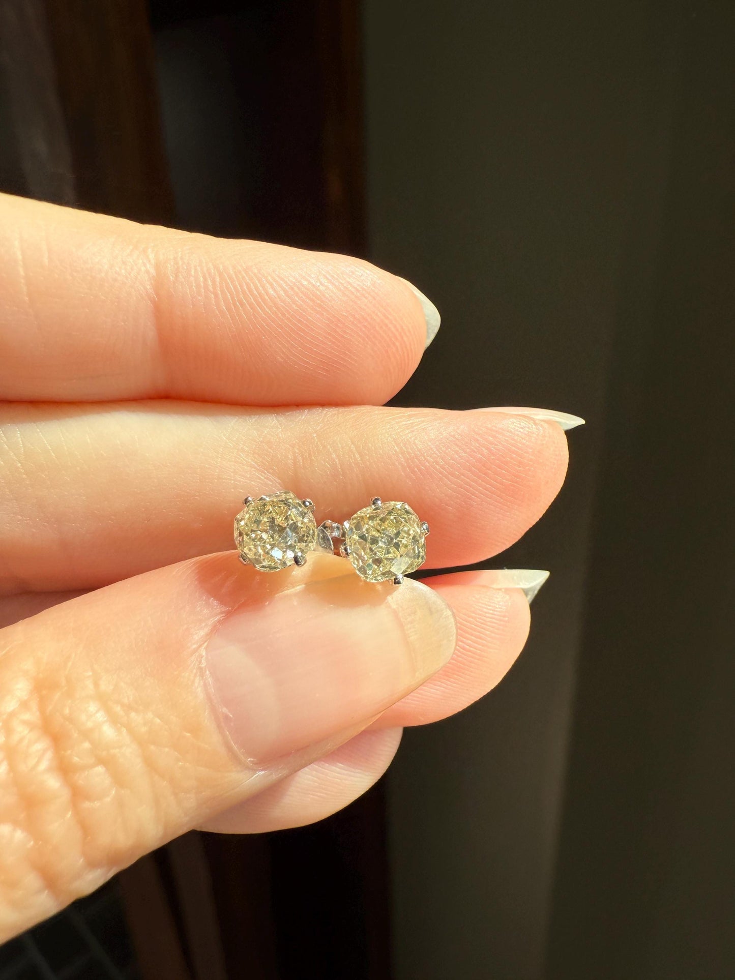 Old Mine Cut 1.3 Carat Tdw DIAMOND Stud Earrings French 18k White GOLD Warm Chunky Antique Stones Later Prong Set Minimalist 1.3ctw OMC