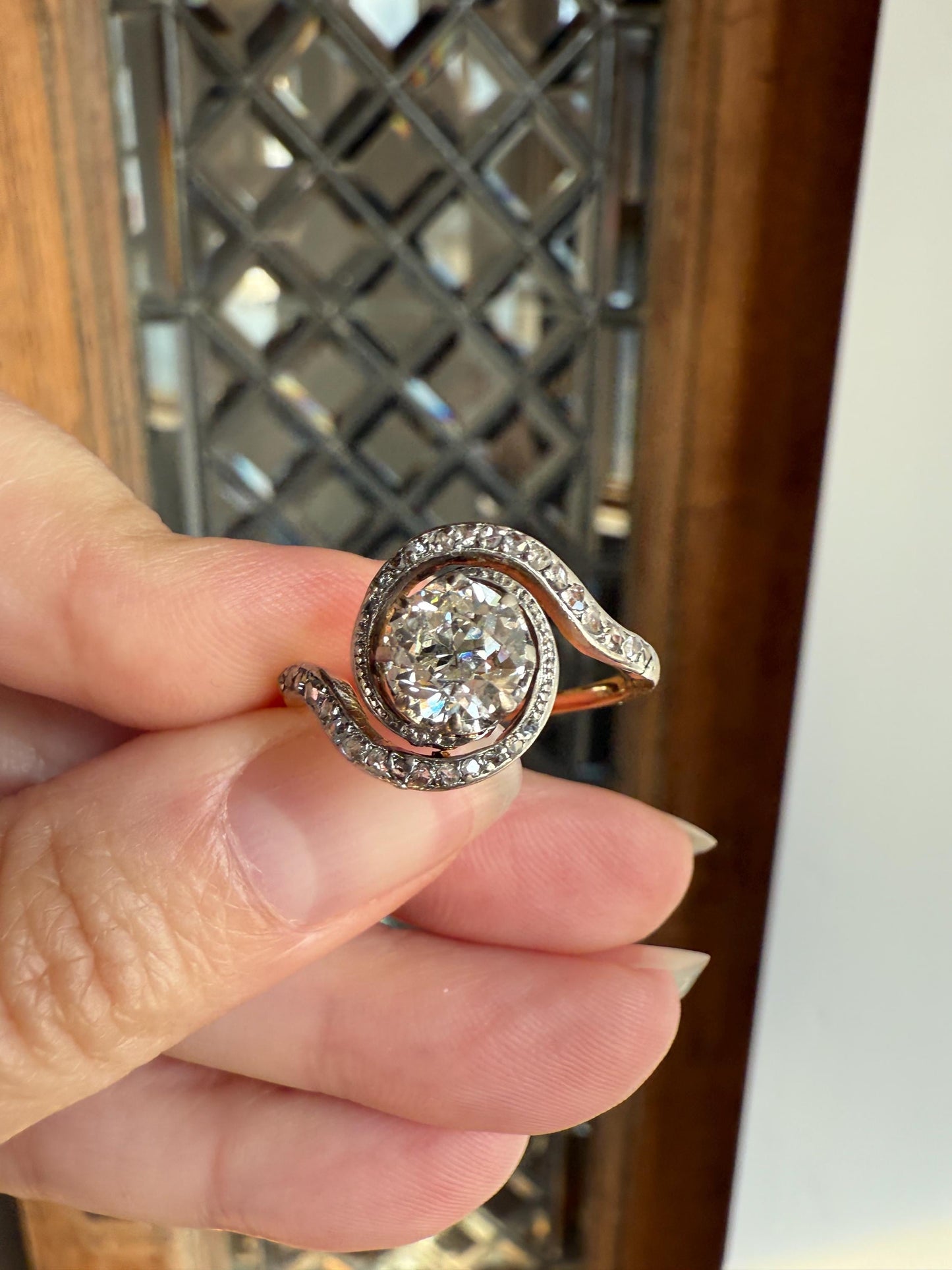Turbillon French ANTIQUE Swirling 1.25 + Carat Old European Cut DIAMOND 18k Gold & PLATINUM Ring Bypass Solitaire Rose Cut Halo Stacker Gift