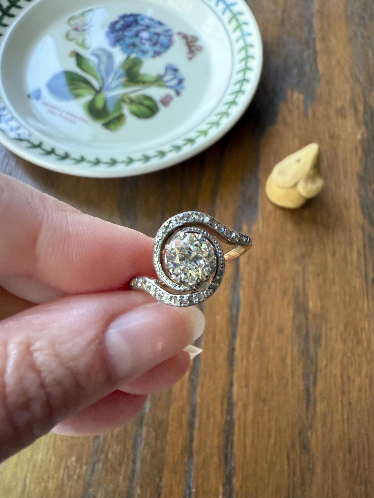 Turbillon French ANTIQUE Swirling 1.25 + Carat Old European Cut DIAMOND 18k Gold & PLATINUM Ring Bypass Solitaire Rose Cut Halo Stacker Gift