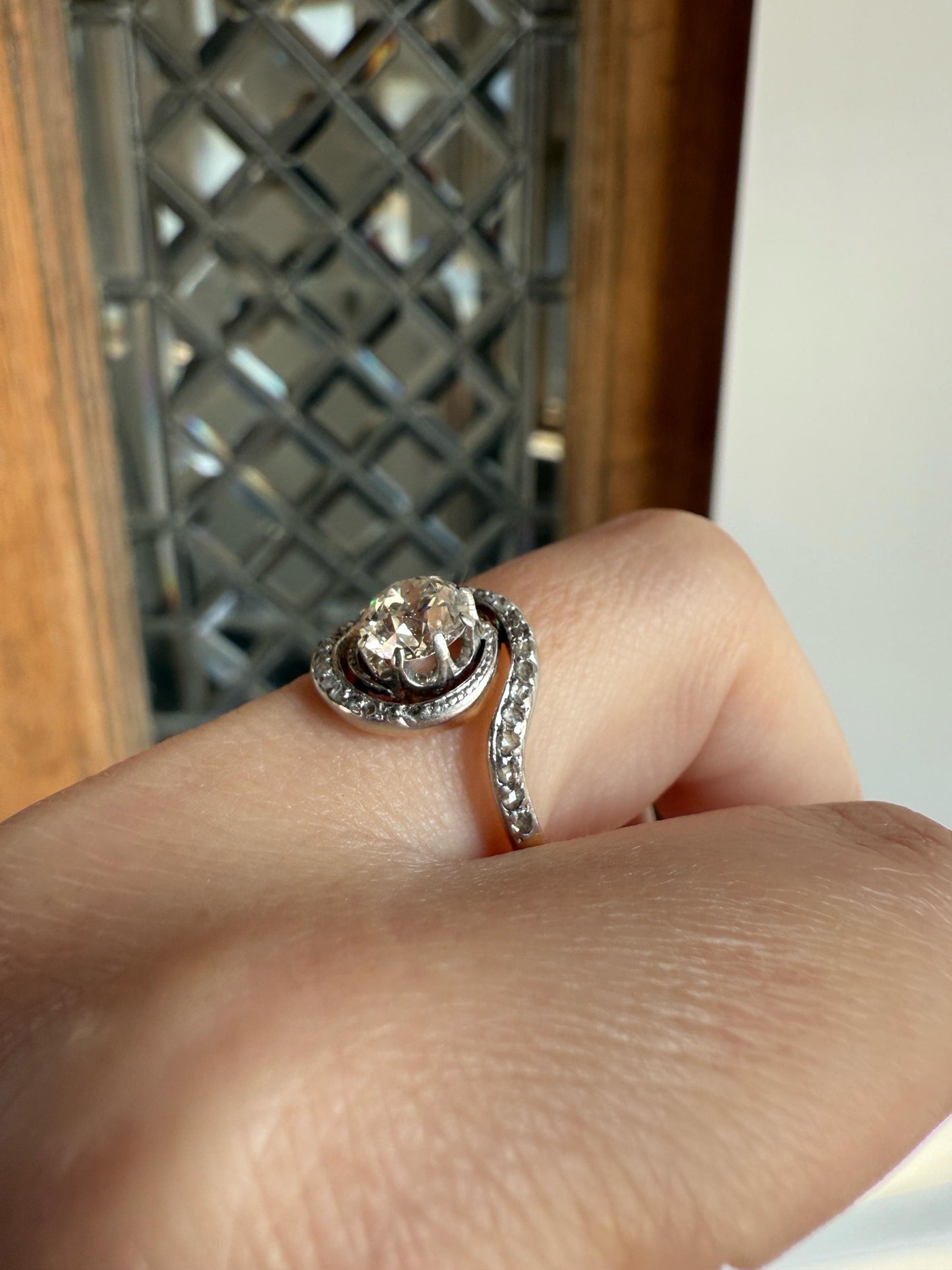 Turbillon French ANTIQUE Swirling 1.25 + Carat Old European Cut DIAMOND 18k Gold & PLATINUM Ring Bypass Solitaire Rose Cut Halo Stacker Gift