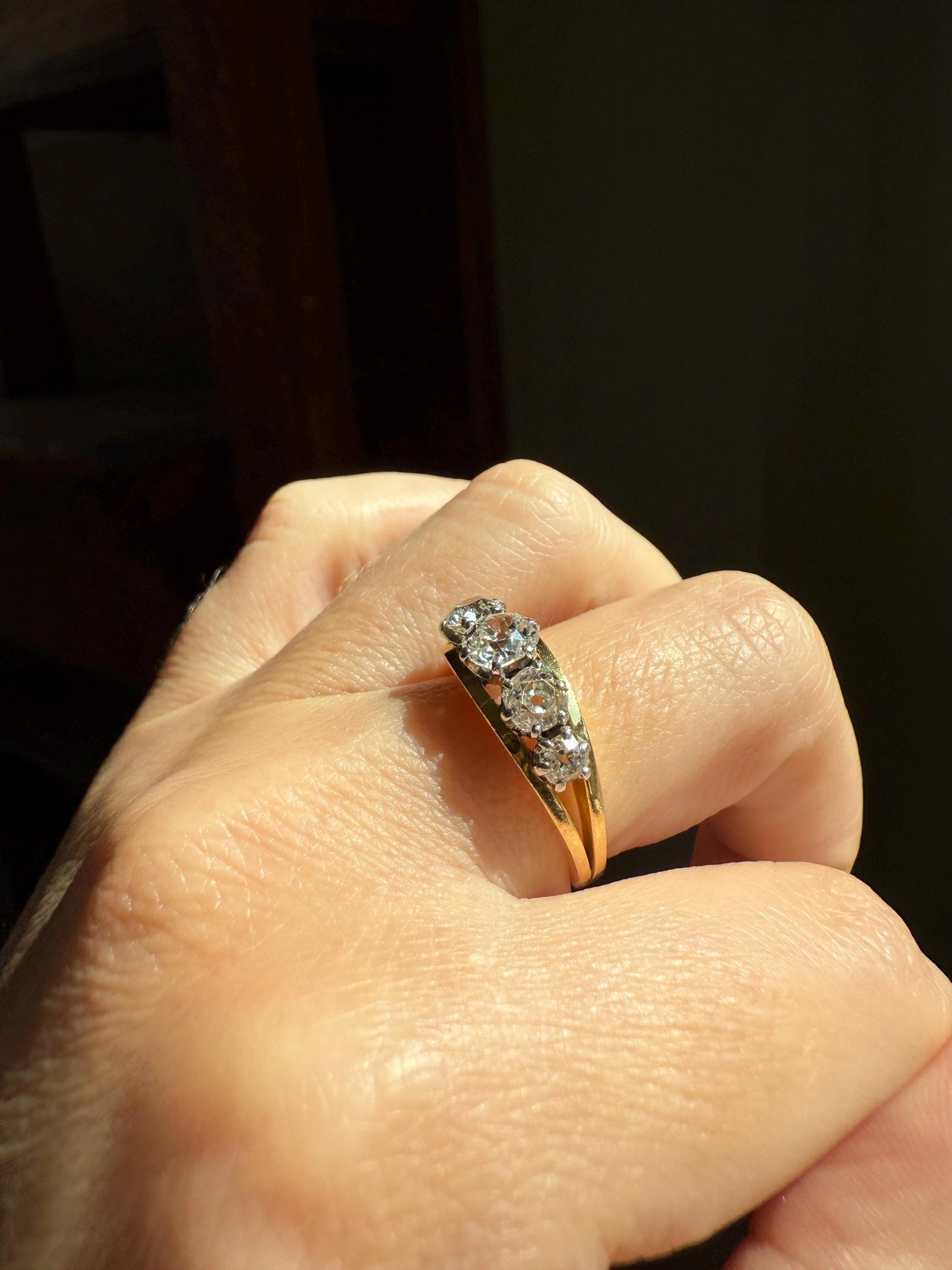 TALL French Vintage Ring 1.65 Carat Antique Old Mine Cut DIAMOND Five Stone Wide Band 18k Gold Platinum Solid Stacker Chunky Gift 1 2/3 OmC