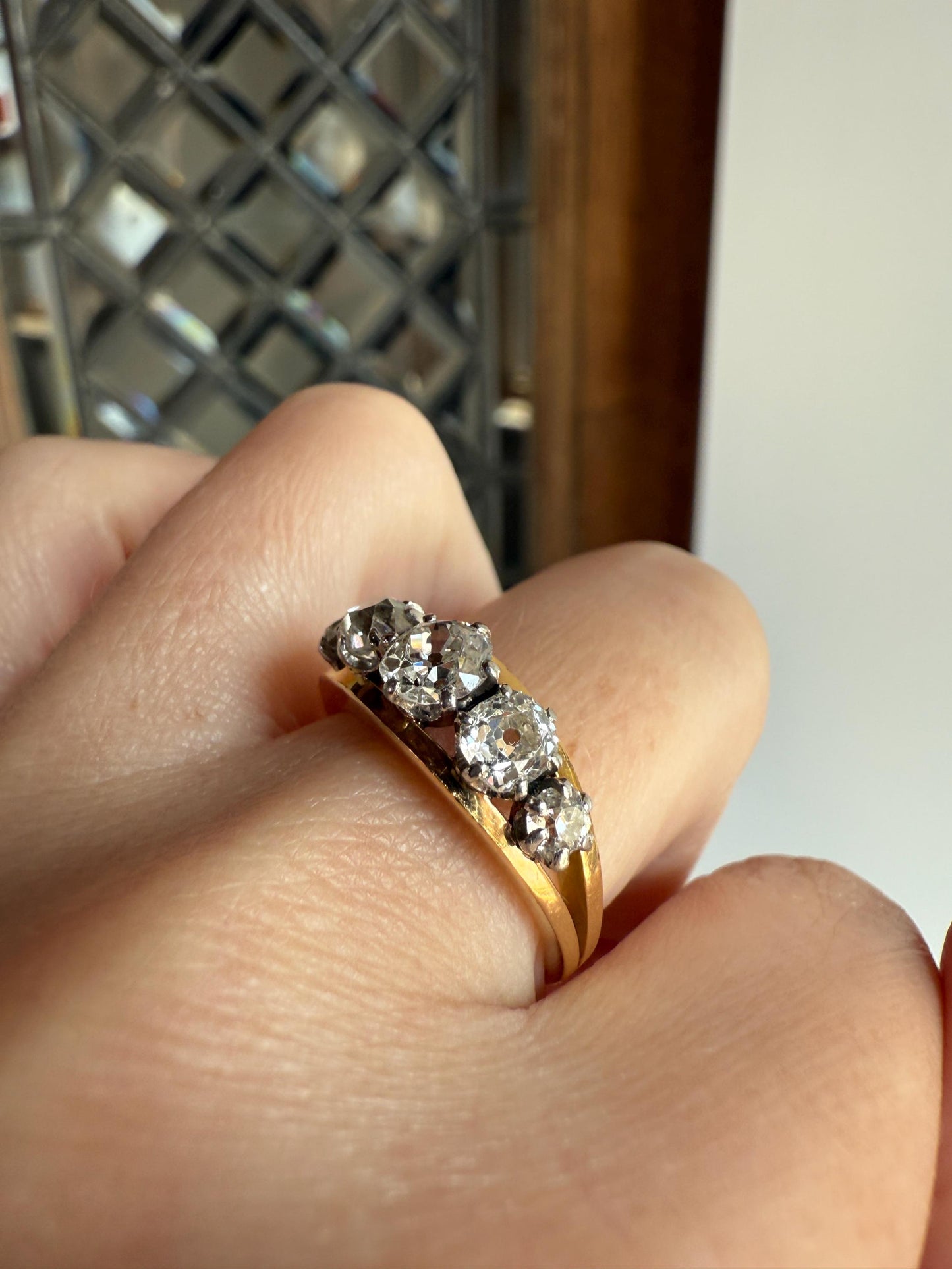 TALL French Vintage Ring 1.65 Carat Antique Old Mine Cut DIAMOND Five Stone Wide Band 18k Gold Platinum Solid Stacker Chunky Gift 1 2/3 OmC