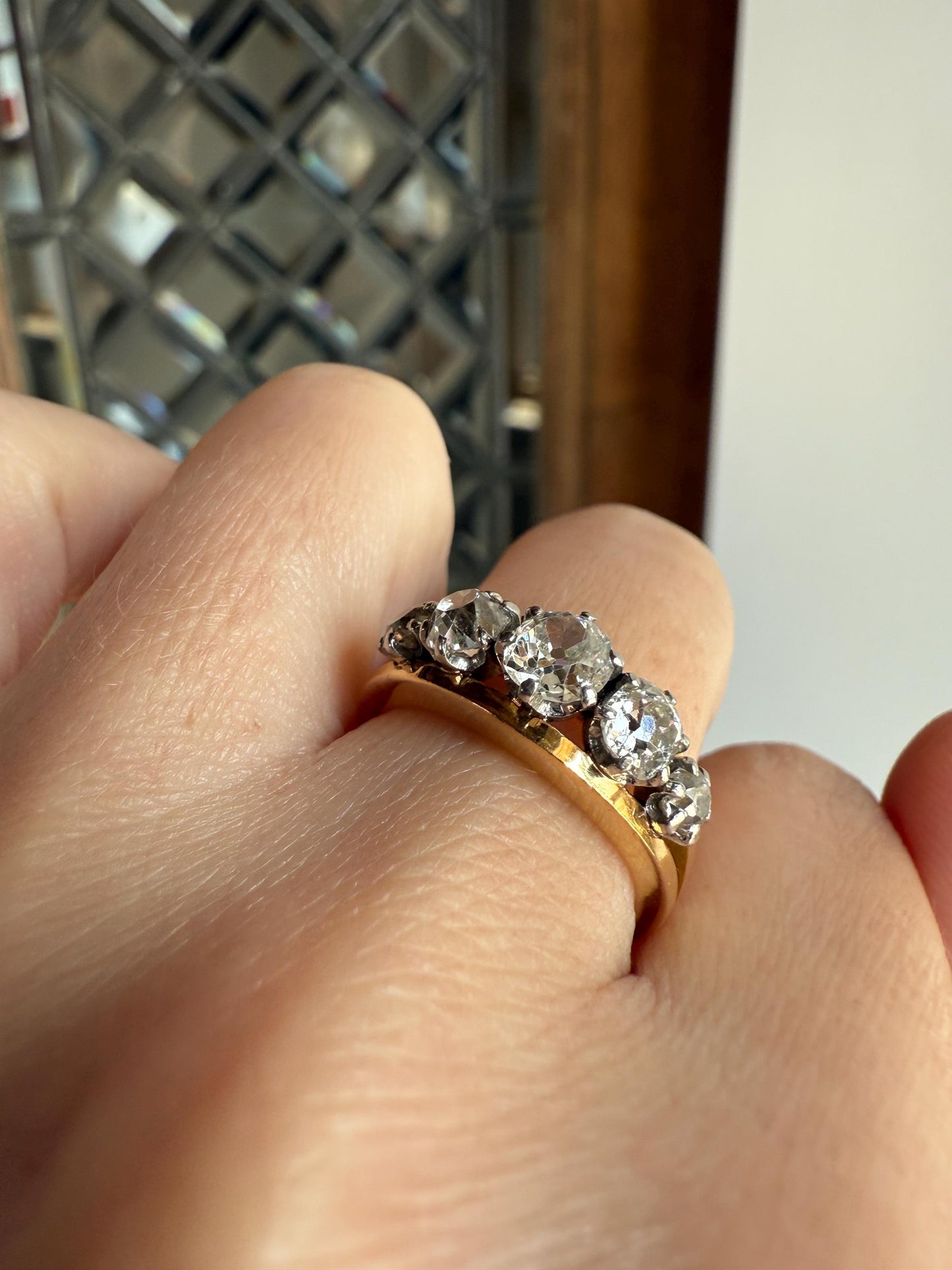 TALL French Vintage Ring 1.65 Carat Antique Old Mine Cut DIAMOND Five Stone Wide Band 18k Gold Platinum Solid Stacker Chunky Gift 1 2/3 OmC
