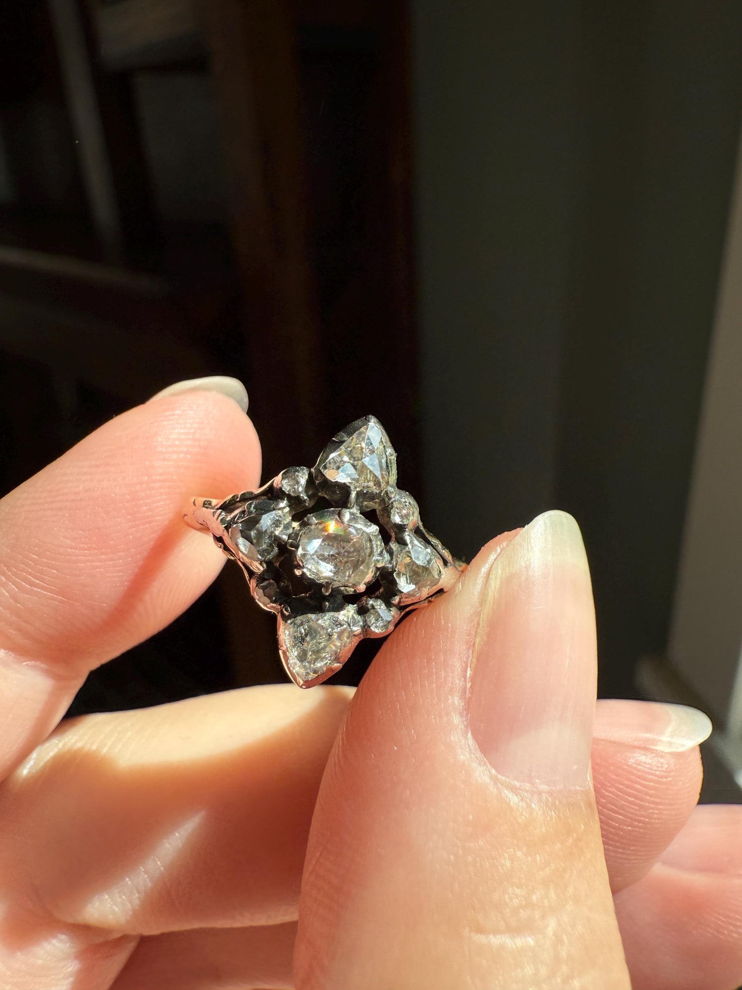 Cruciform PEAR Domed Triangular Rose Cut DIAMOND Ring Victorian Antique 14k Gold Silver Collets Georgian Revival Embossed Shank