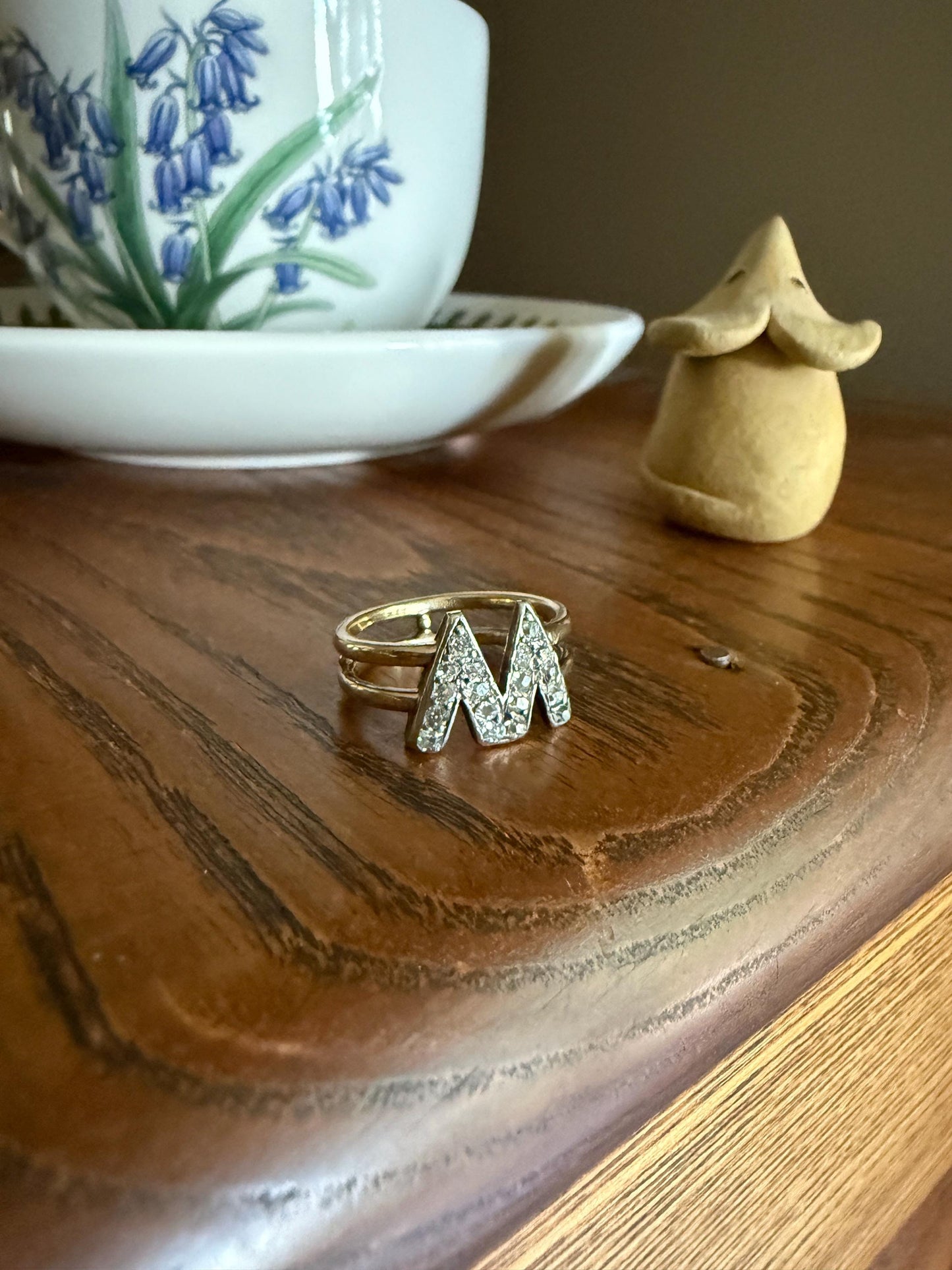 Antique INITIAL Ring M W VV 18 Old Mine Cut DIAMOND 18k Gold Ring Wide Double Band Romantic Gift Letter Stacker Monogram