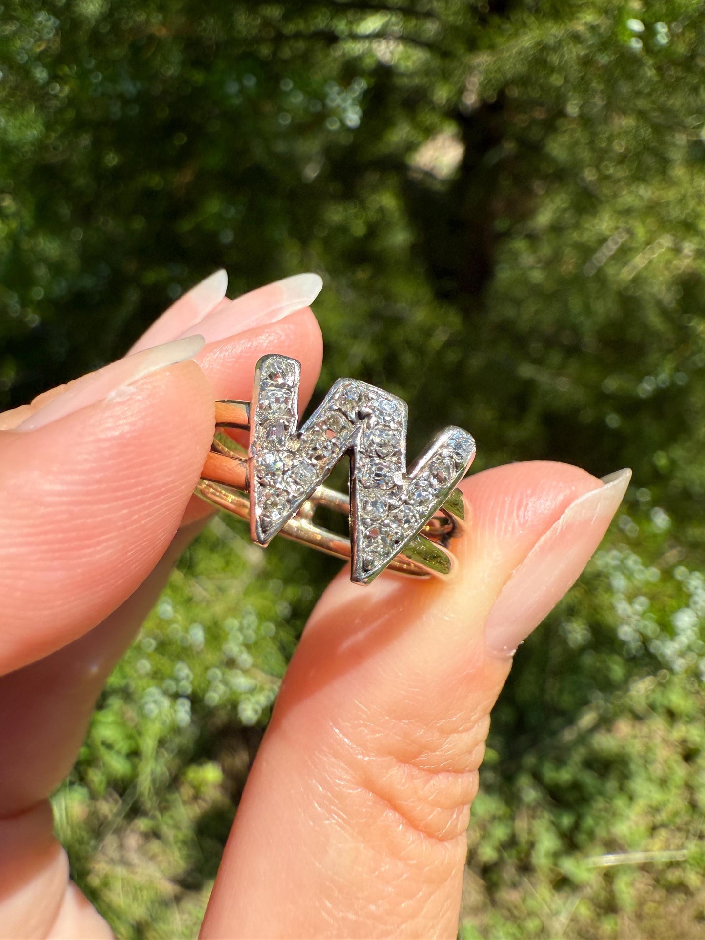 Antique INITIAL Ring M W VV 18 Old Mine Cut DIAMOND 18k Gold Ring Wide Double Band Romantic Gift Letter Stacker Monogram